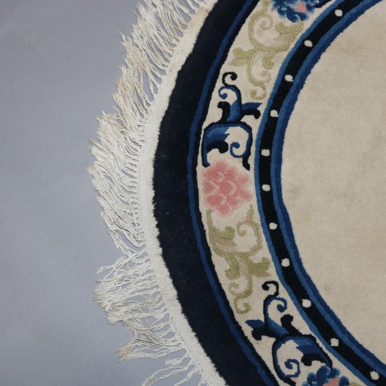 Antique Chinese Nichols Style Round Blue and White Wool Oriental Rug