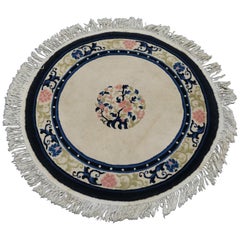 Antique Chinese Nichols Style Round Blue & White Wool Oriental Rug, 20th Century