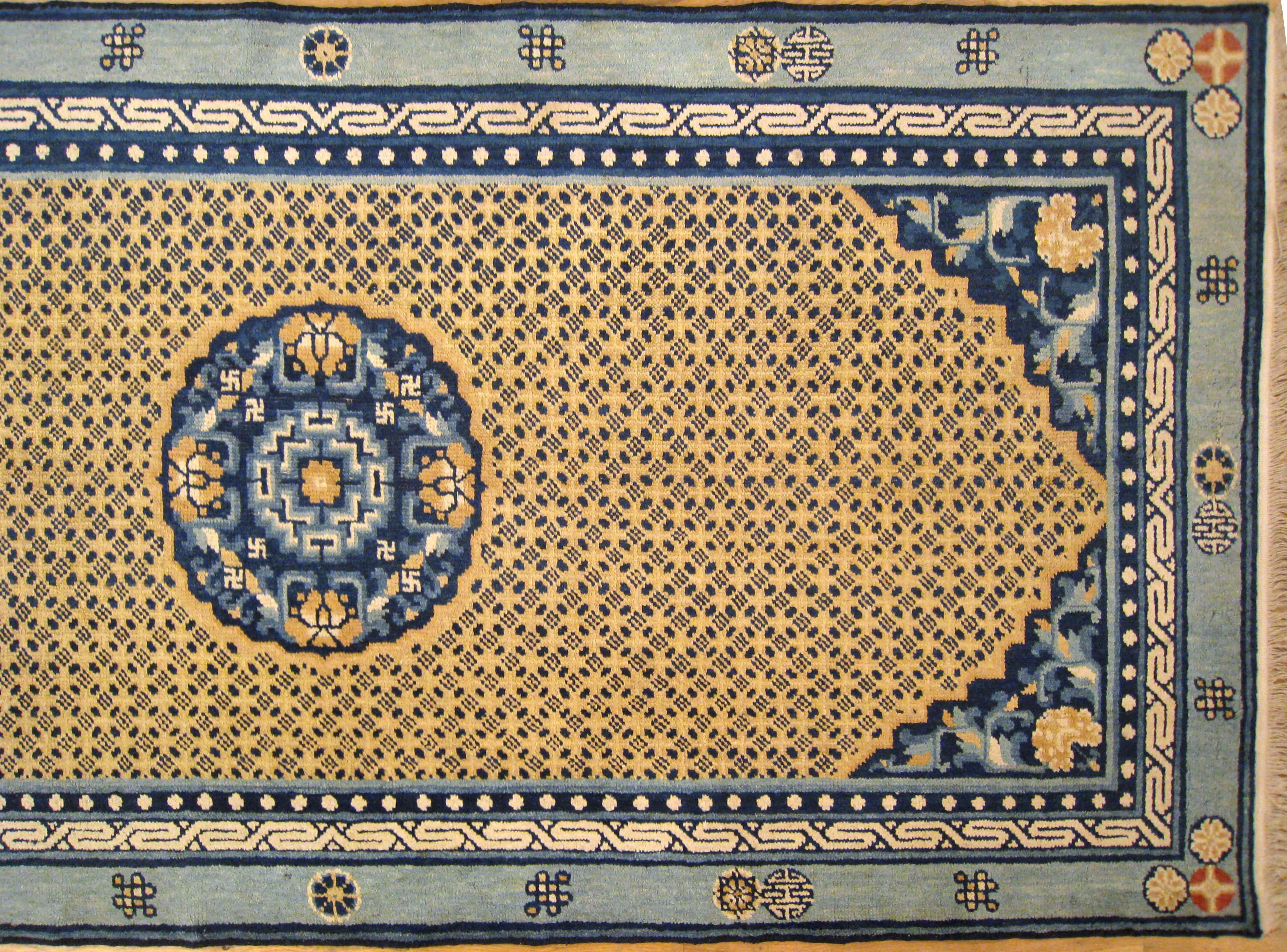 Hand-Knotted Antique Chinese Ning Xia Oriental Rug, Small Runner Size, Light Blue, circa 1890