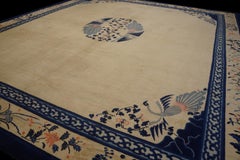 1890s Ivory and Navy Antique Chinese Peking Carpet 15'3" x 17'4" Bird Medallion