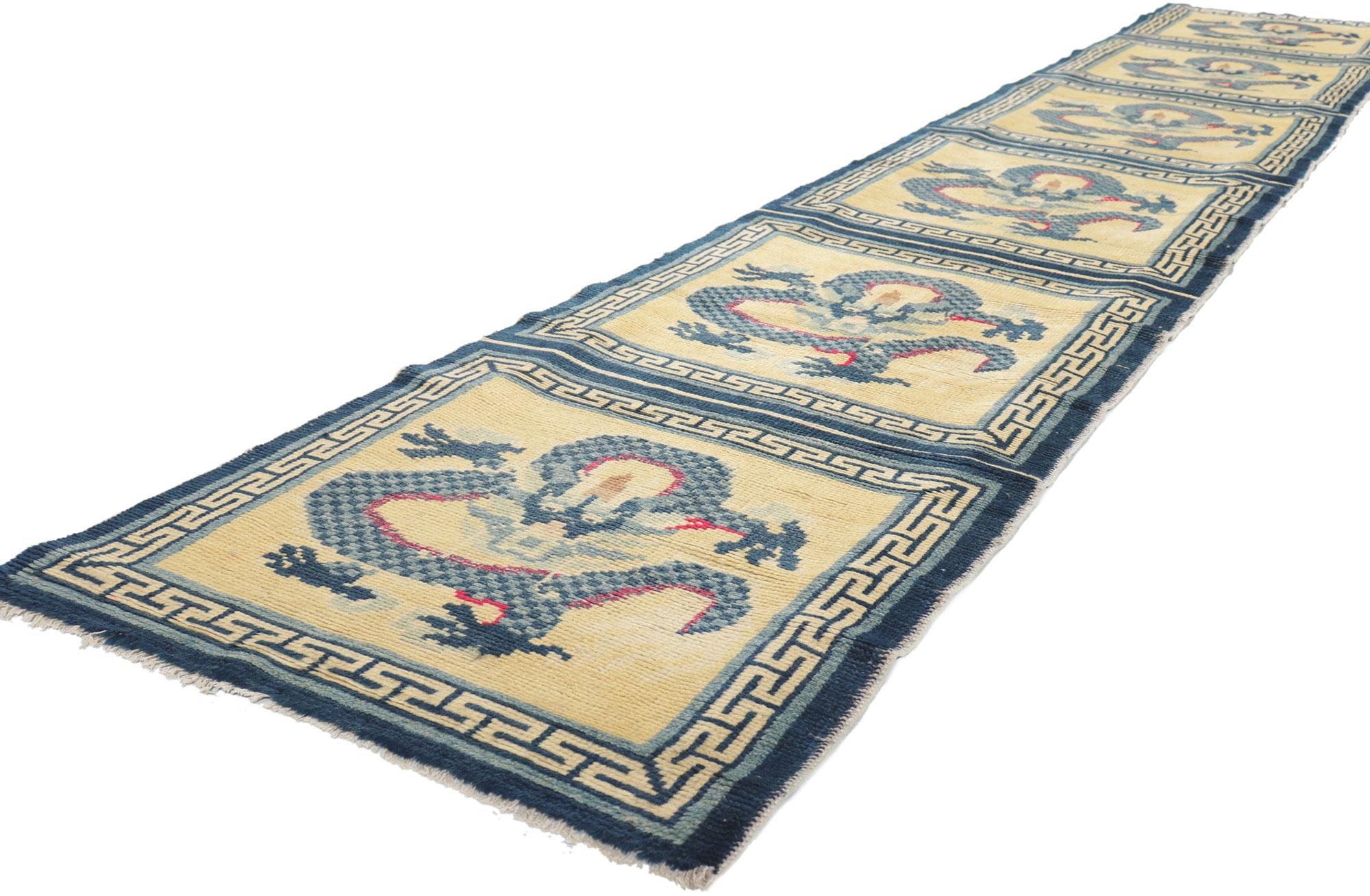 78455 Antique Chinese Ningxia Bench runner Meditation Mat, 02'01 x 13'01. Emanating mythical elements with incredible detail and texture, this hand knotted wool antique Chinese Ningxia bench runner is a captivating vision of woven beauty. The dragon