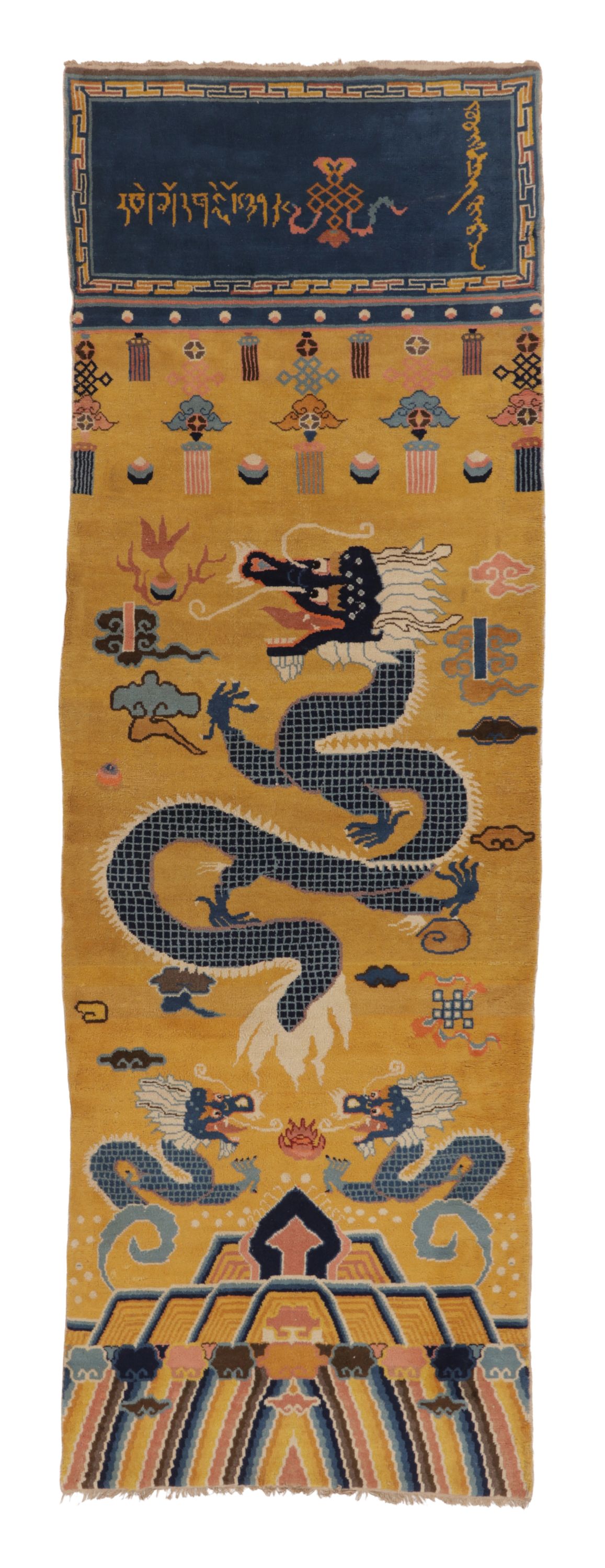 Antique Chinese Ningxia Pillar Runner Golden Celestial Dragons - Rug & Kilim