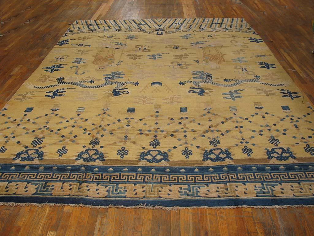 
Ningxia Carpet
North Central China
10’2” x 14’6”
Circa Early 1800s
Warp: cotton, handspun
Weft: cotton, handspun, 2 shoots alternating
Pile: wool, handspun, naturally dyed
This large, Buddhist monastic carpet is interesting for a number of reasons.