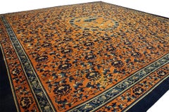 1850s Orange Blue Antique Chinese Ningxia Foo Dog Carpet 17'10"x17'10" Wool Rug
