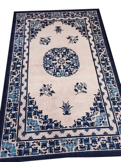 1880s Ivory Medallion Antique Chinese Ningxia Rug 5′ 4″ X 8′ 3″ Handknotted Wool