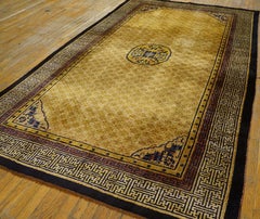 1870s Gold Medallion Qing Antique Silk Chinese Ningxia Carpet 6'x9'10" Woven Rug