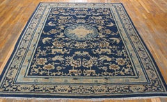 1850s Blue Medallion Foo Dog Antique Chinese Ningxia Carpet 6'9" x 9'6" Wool Rug