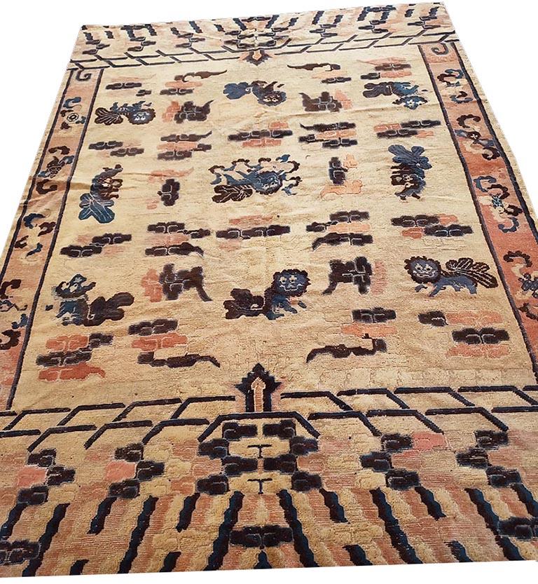 Hand-Knotted Mid 19th Century W. Chinese Ningxia Carpet ( 7'6