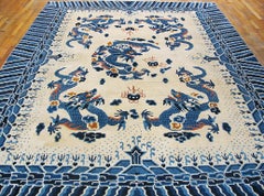 1910 Blue Ivory Antique W. Chinese Ningxia Dragon Carpet 9' x 11'8" Wool Rug