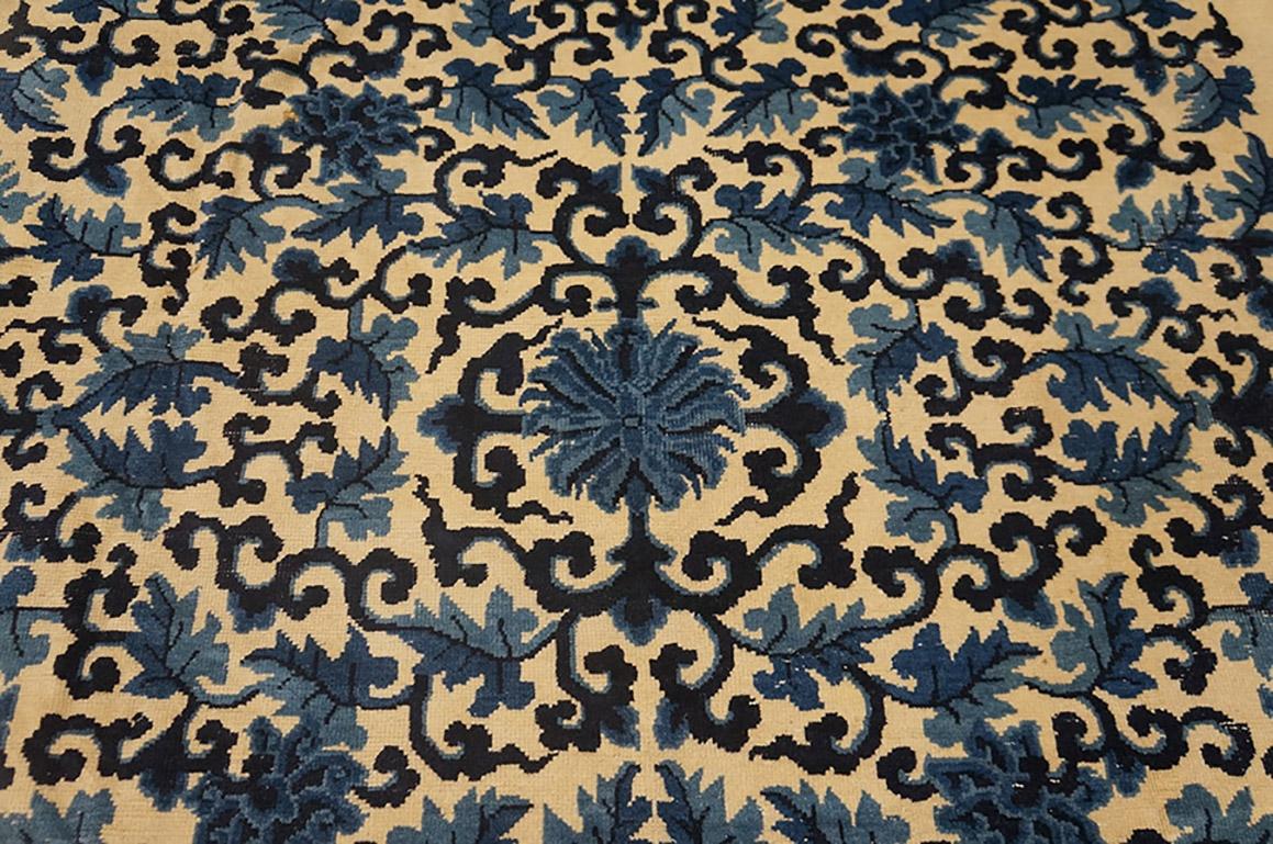 This exceptional Ningxia carpet displays a cream-beige field centred by large, complex leaf and Ru-yi sceptre arabesque slightly concave rectangular openwork medallion. The surging main border shows a complex of palmettes, fan, Shou characters and