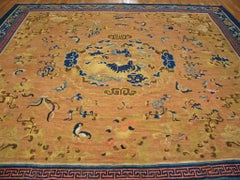 1750s Yellow Dragon Medallion Antique Chinese Ningxia Carpet 11' 9"x12' Wool Rug