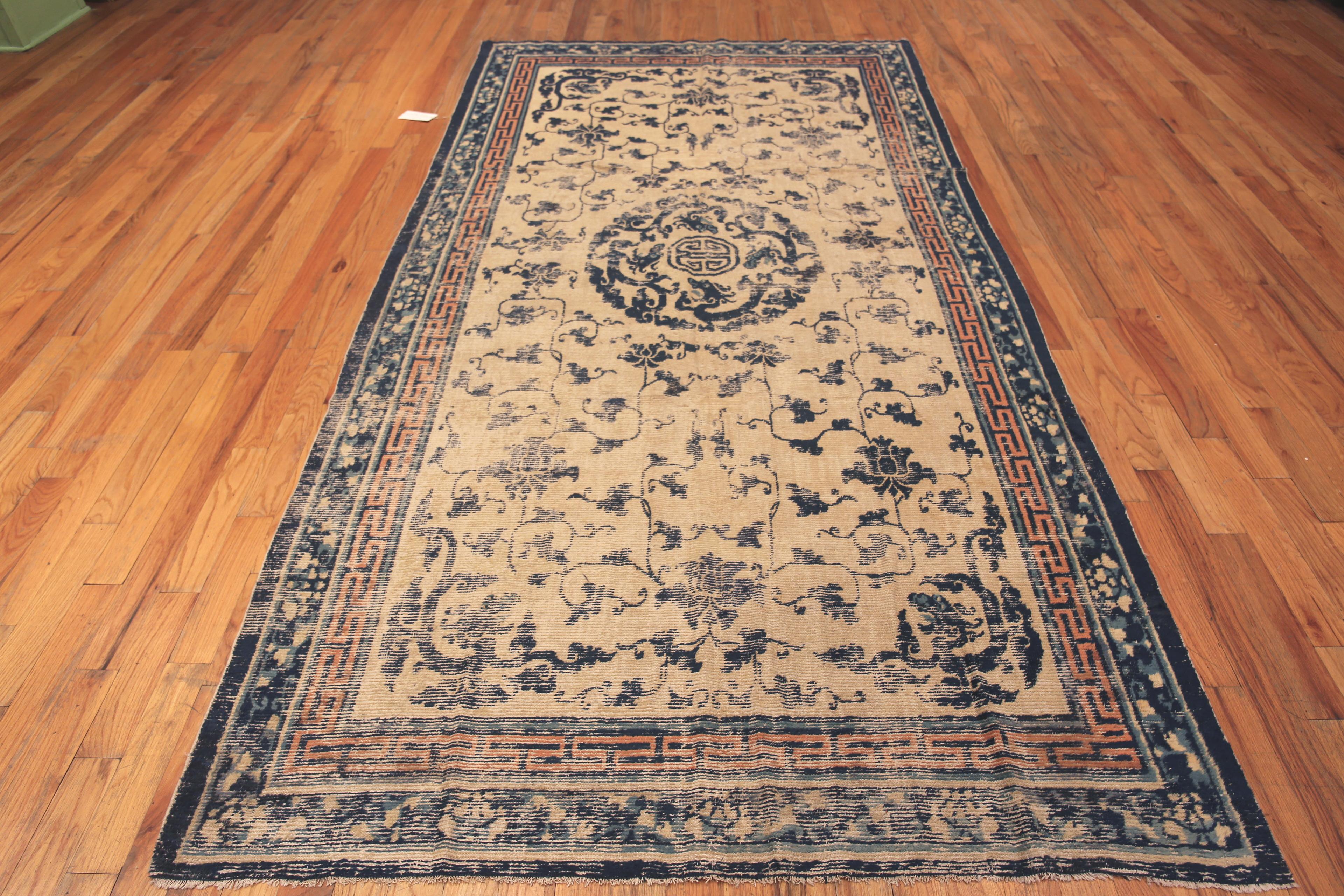 Beautiful Early 19th Century Antique Chinese Ningxia Shabby Chic Rug, Country Of Origin: China, Size: 5 ft 10 in x 11 ft 3 in (1.78 m x 3.43 m), Circa Date: 19th century