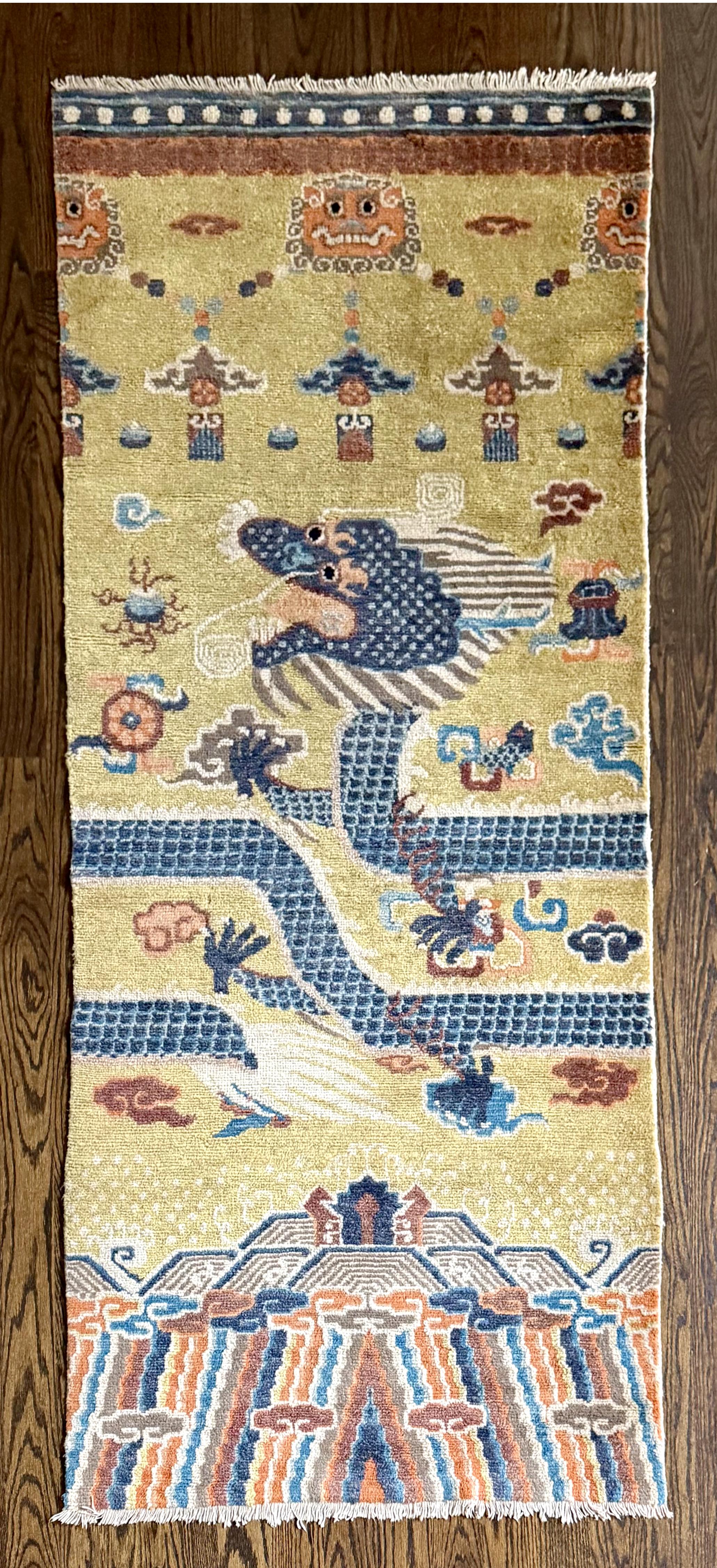 Pillar rug is a specific Chinese textile art found in Tibetan Buddhist Temples with most survived exampled dated to Qing dynasty (1644 to 1912). Mostly woven in fine wool, these rugs were not for the floor as runner despite its shape but were used