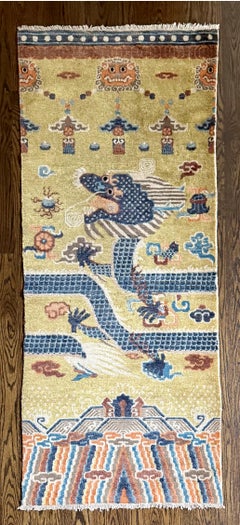 Antique Chinese Ningxia Tibetan Dragon Pillar Rug Qing Dynasty