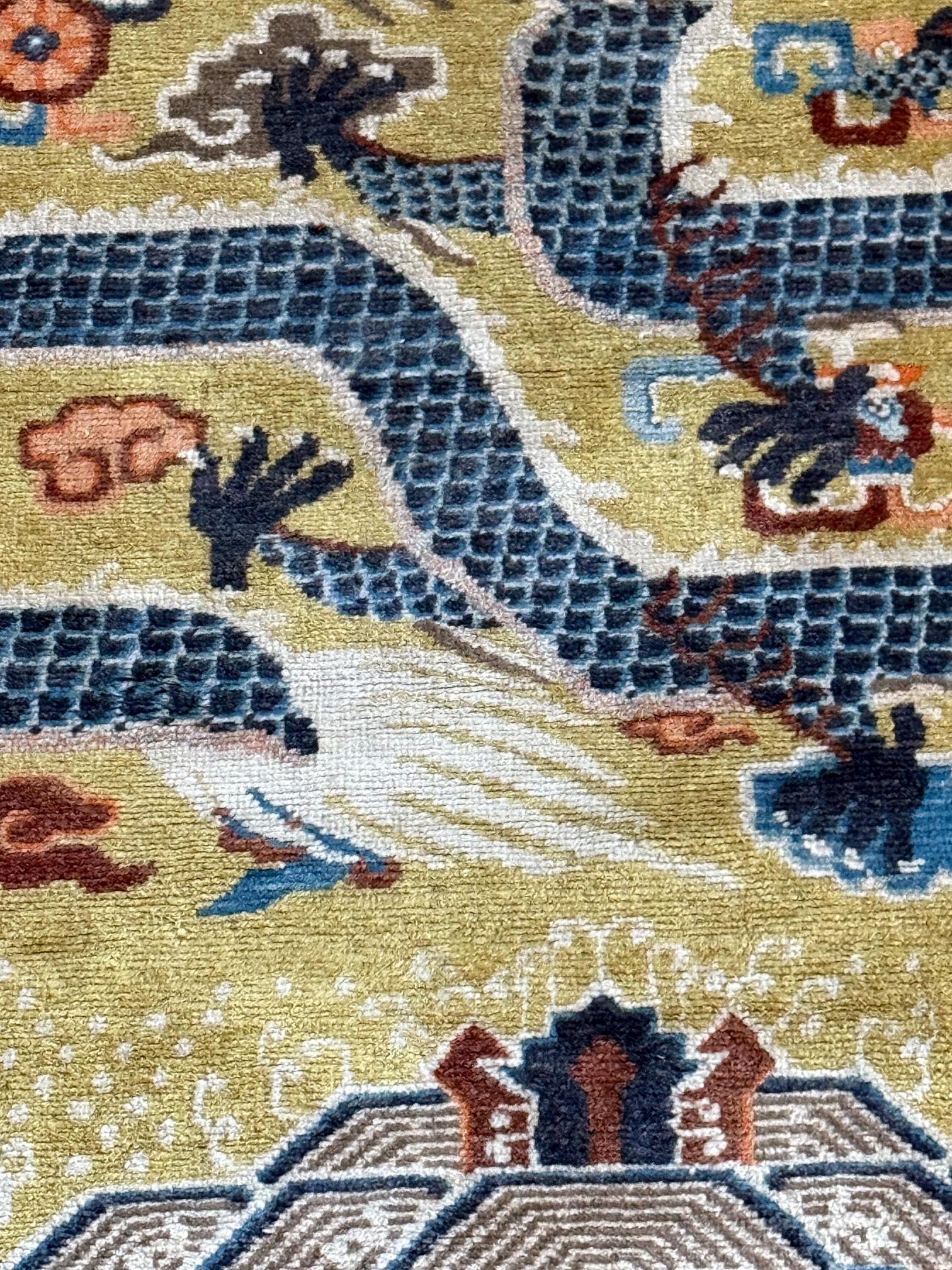 19th Century Antique Chinese Ningxia Tibetan Dragon Pillar Rug Qing Dynasty For Sale