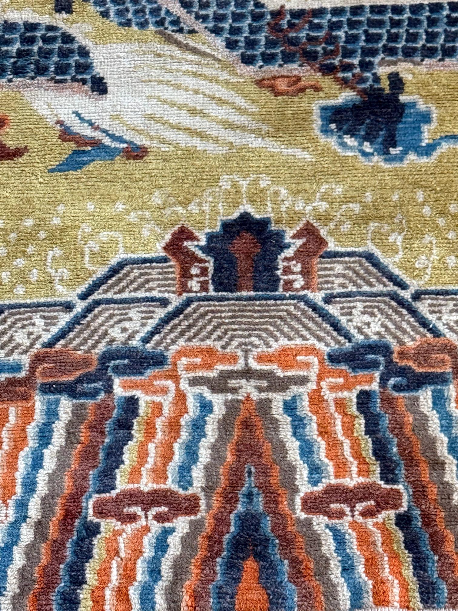 Wool Antique Chinese Ningxia Tibetan Dragon Pillar Rug Qing Dynasty For Sale