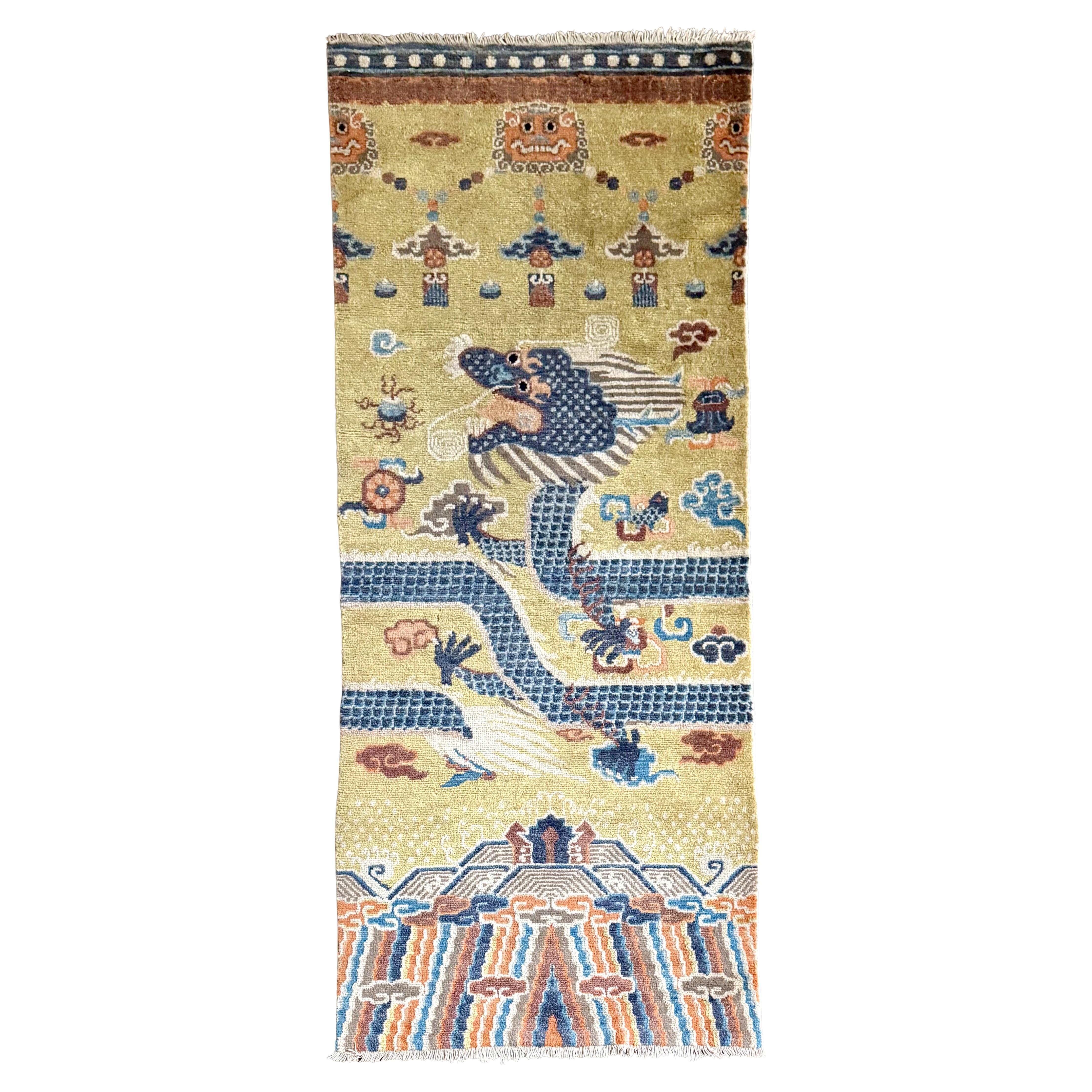 Antique Chinese Ningxia Tibetan Dragon Pillar Rug Qing Dynasty