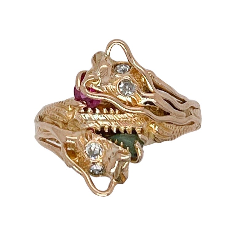 Antiker chinesischer Nosey „Nose“ von Dragon & Co. Gold- und Multi-Edelstein-Ring, zugeschrieben