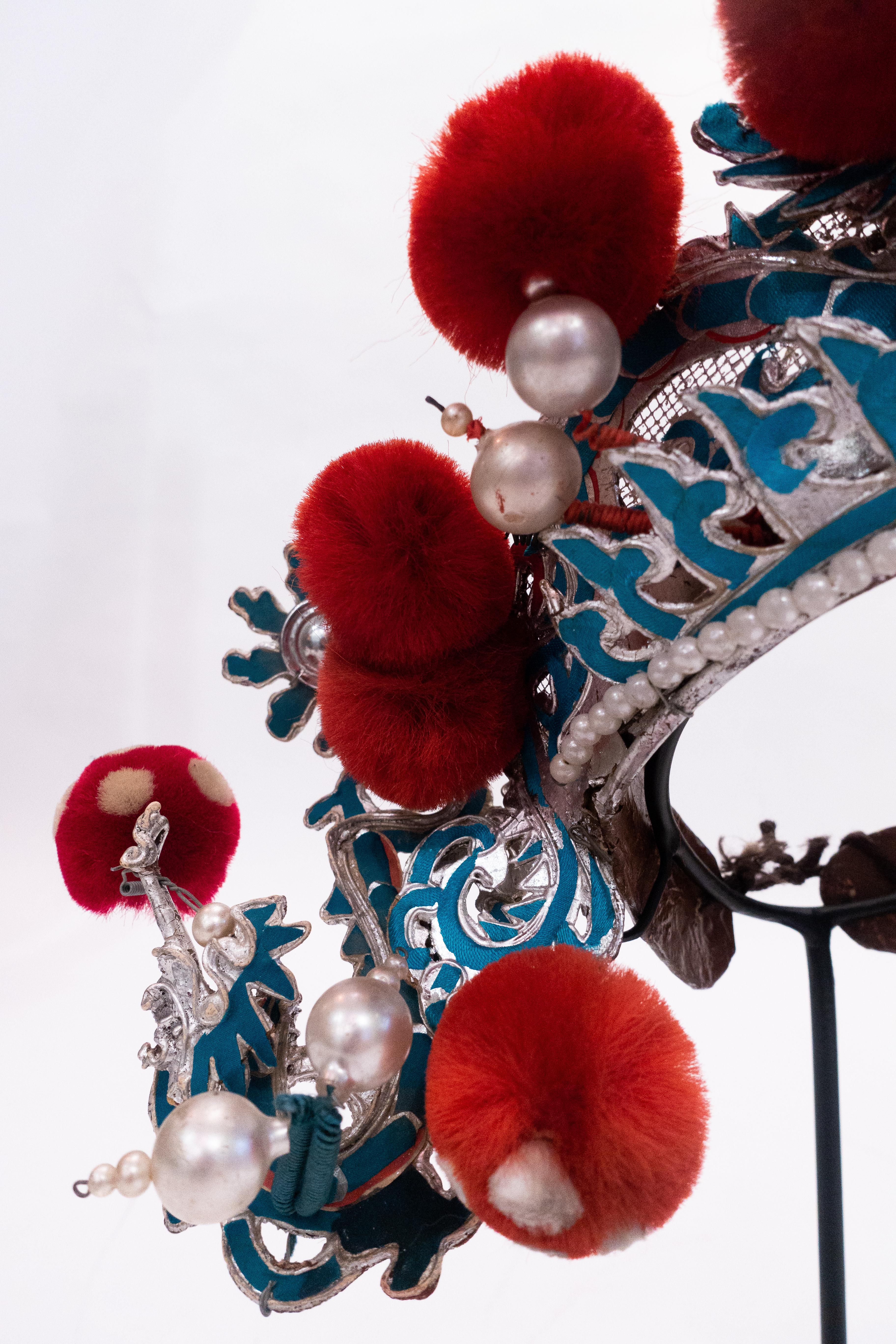 Antique Chinese Opera Theatre Headdress in Turquoise with Red Pom Poms In Good Condition In New York, NY