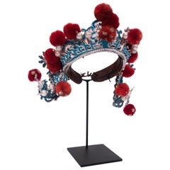 Antique Chinese Opera Theatre Headdress in Turquoise with Red Pom Poms