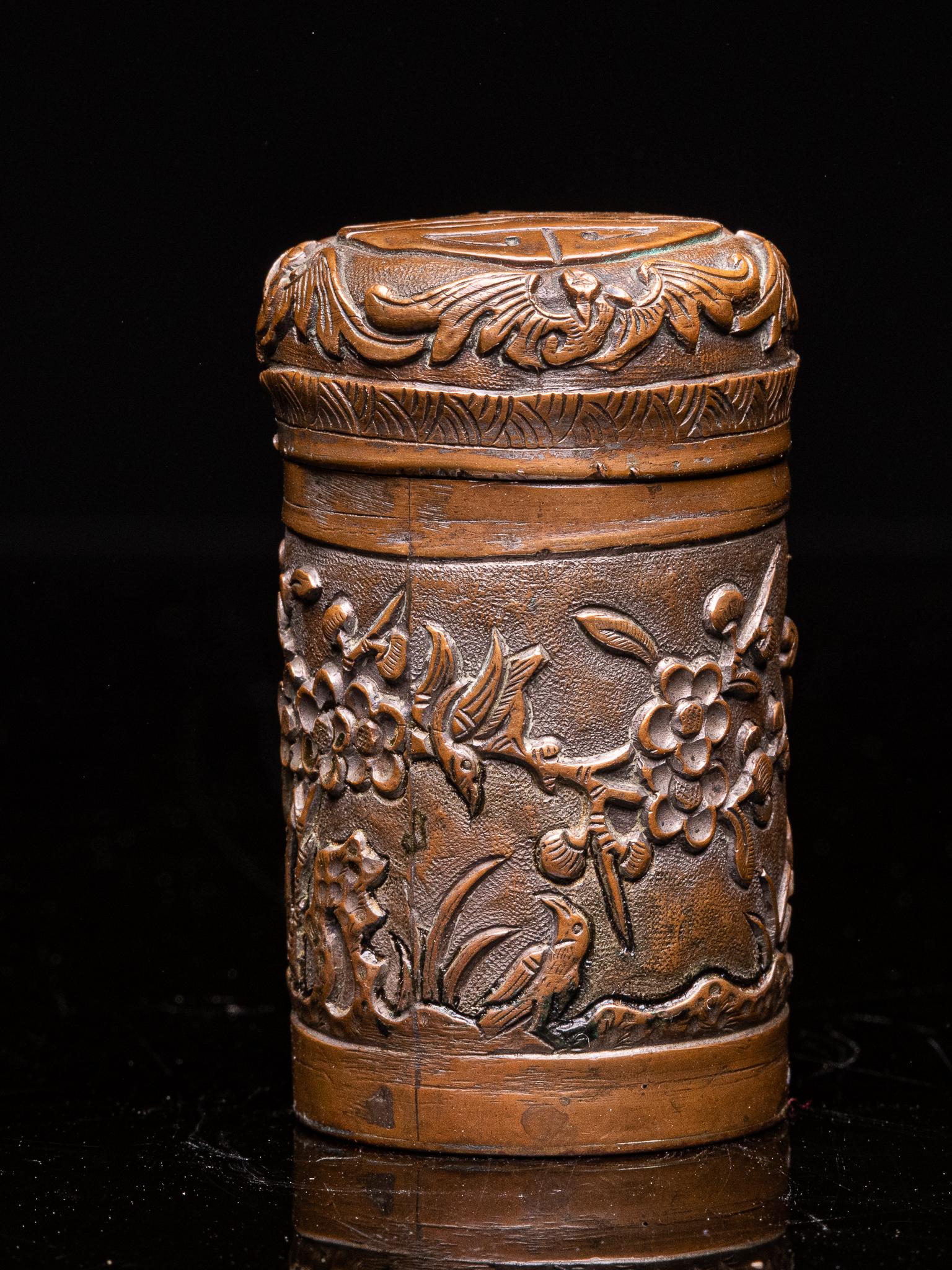 Hand-Carved Antique Chinese Opium Box in Hammered Brass, Decorated with a Scene of a Rider For Sale