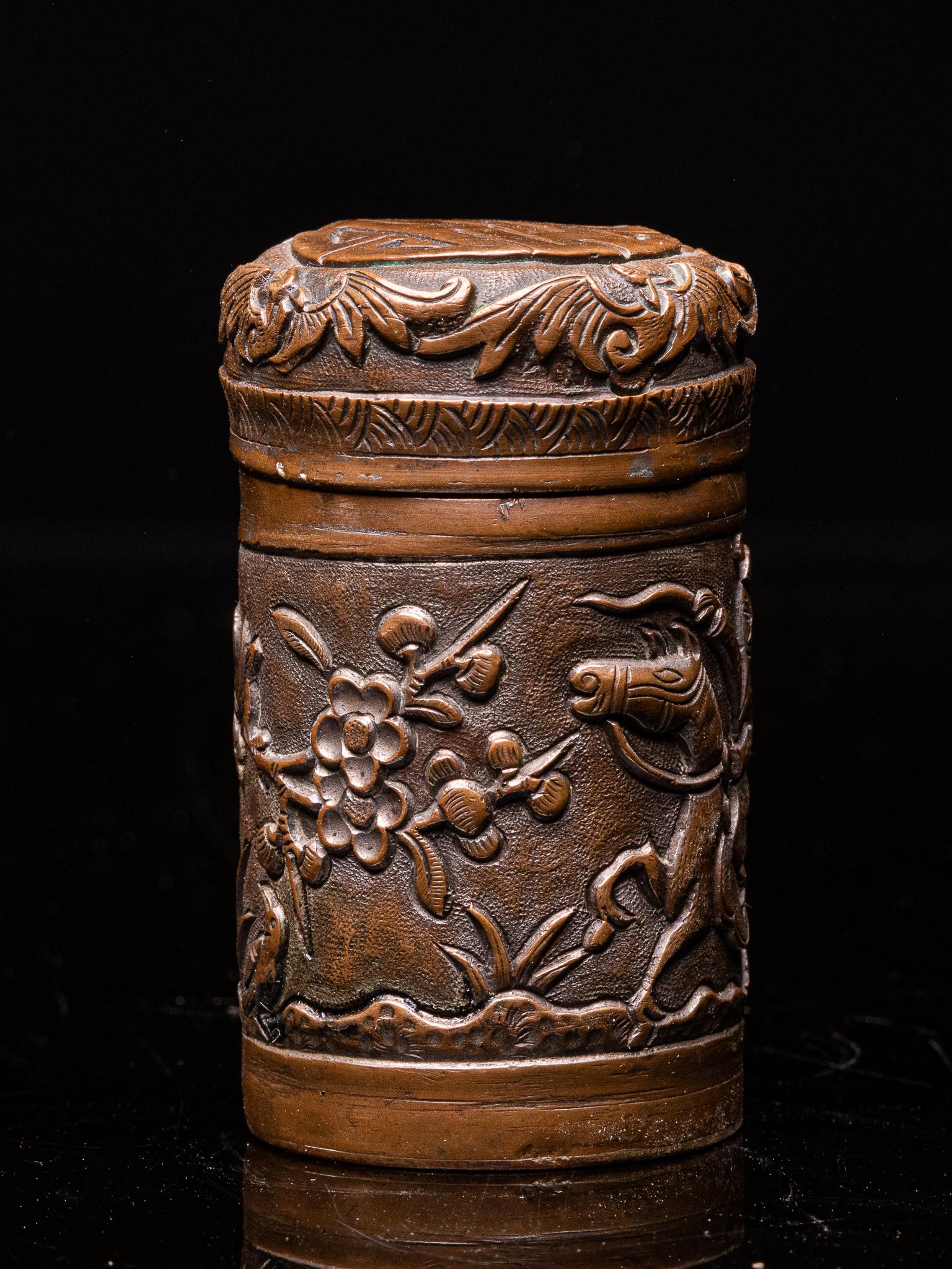 Antique Chinese Opium Box in Hammered Brass, Decorated with a Scene of a Rider For Sale 1