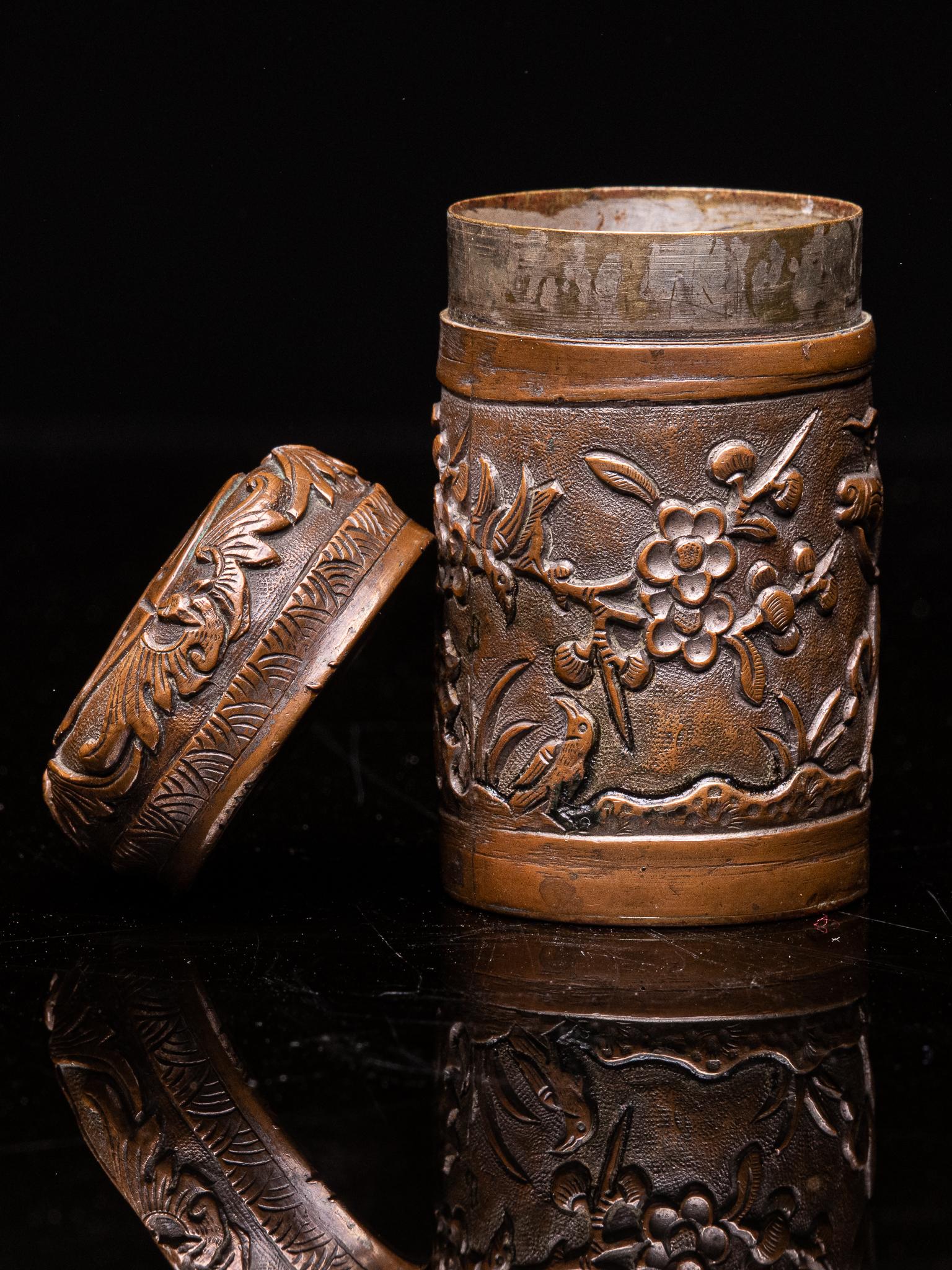 Antique Chinese Opium Box in Hammered Brass, Decorated with a Scene of a Rider For Sale 2