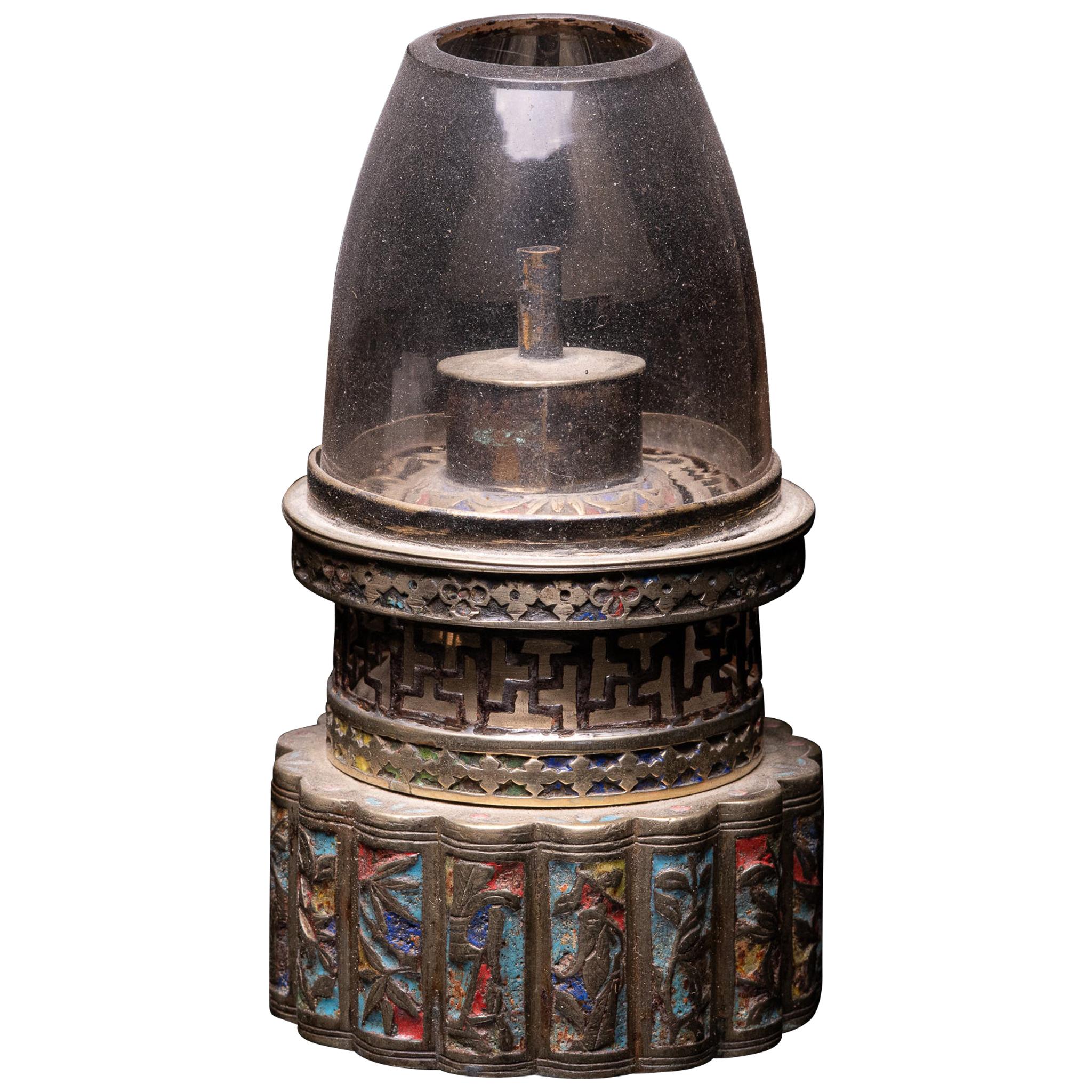 Antique Chinese Opium Lamp with Round Base that is Multi-lobed For Sale