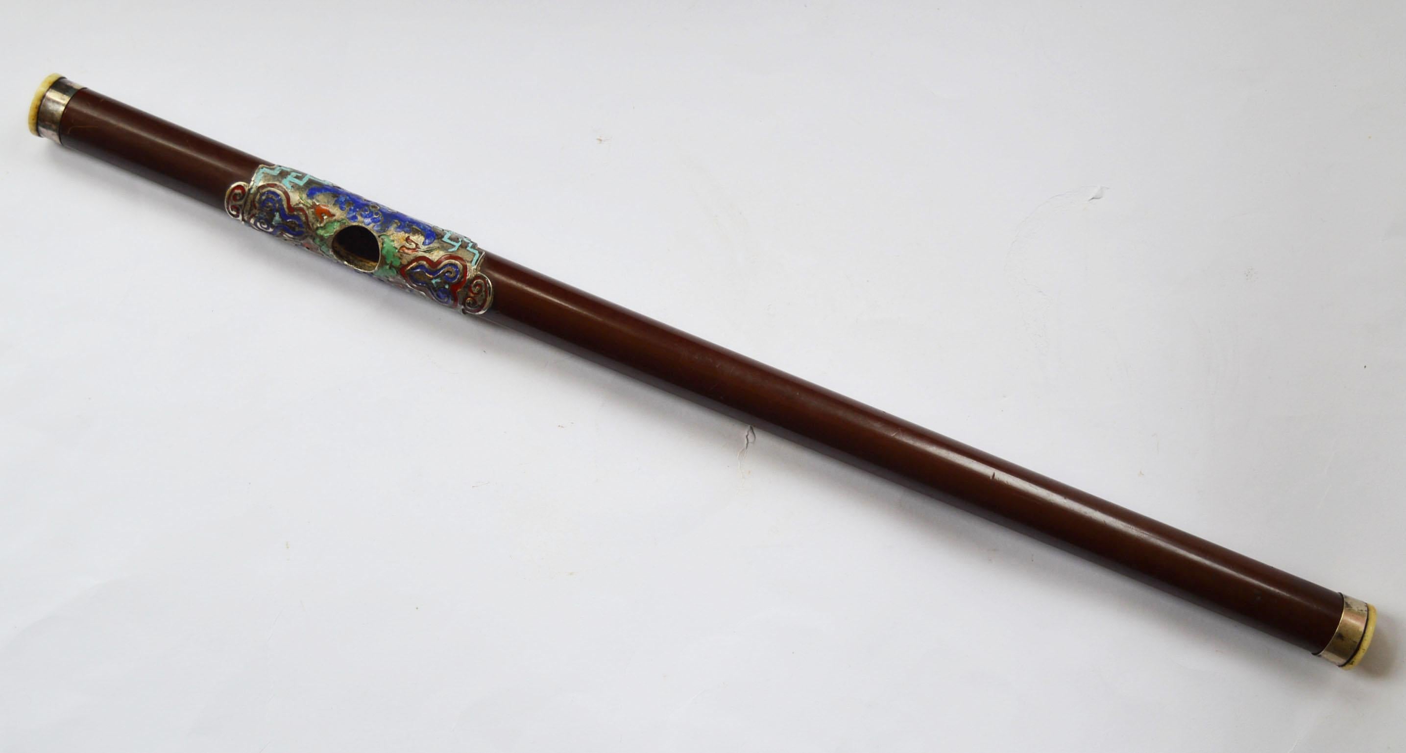 Wood Antique Chinese Opium Pipe Enamel Silver 中国古董