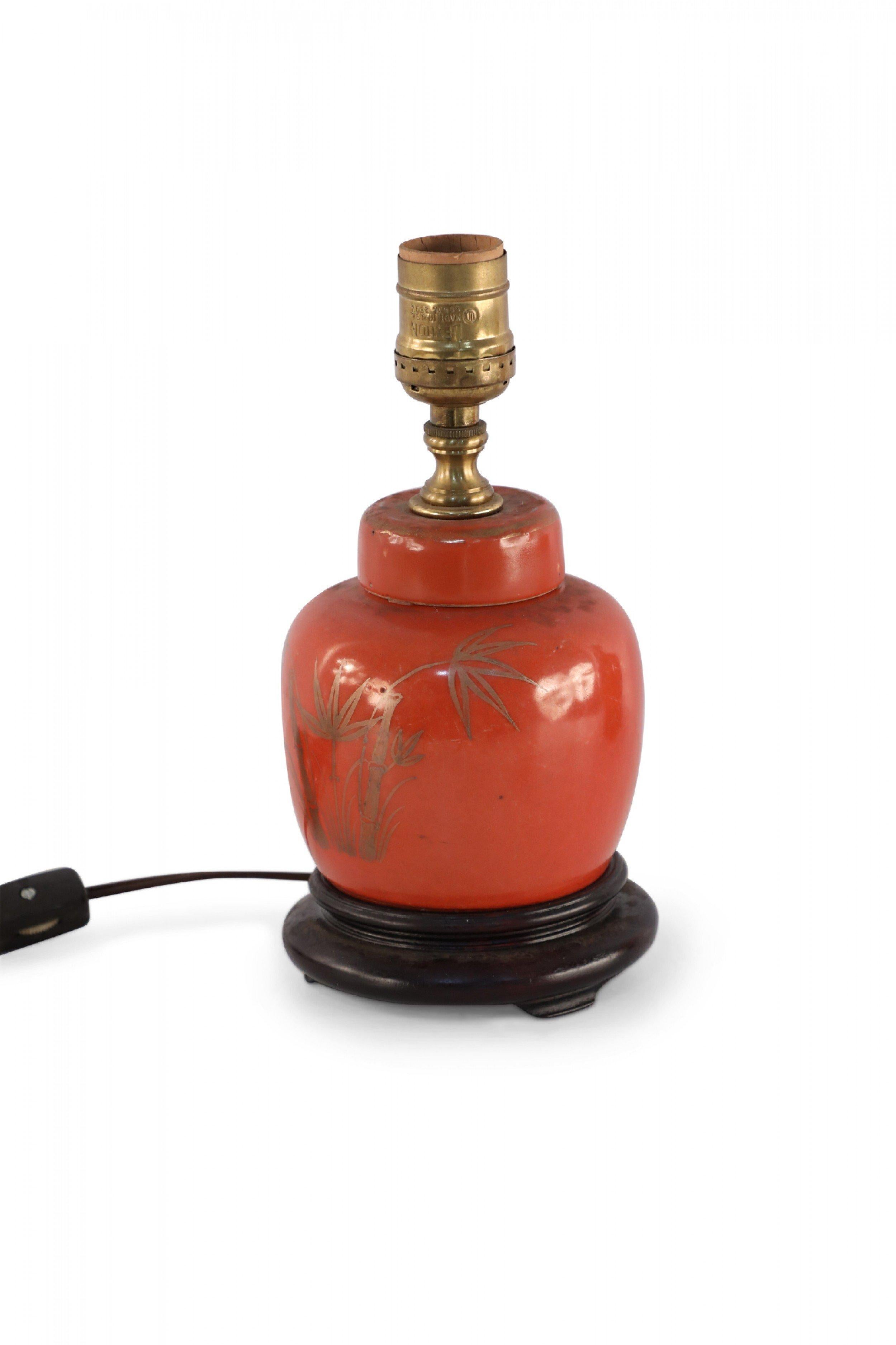 Antique Chinese Orange and Metallic Bamboo Design Porcelain Table Lamp In Good Condition For Sale In Queens, NY
