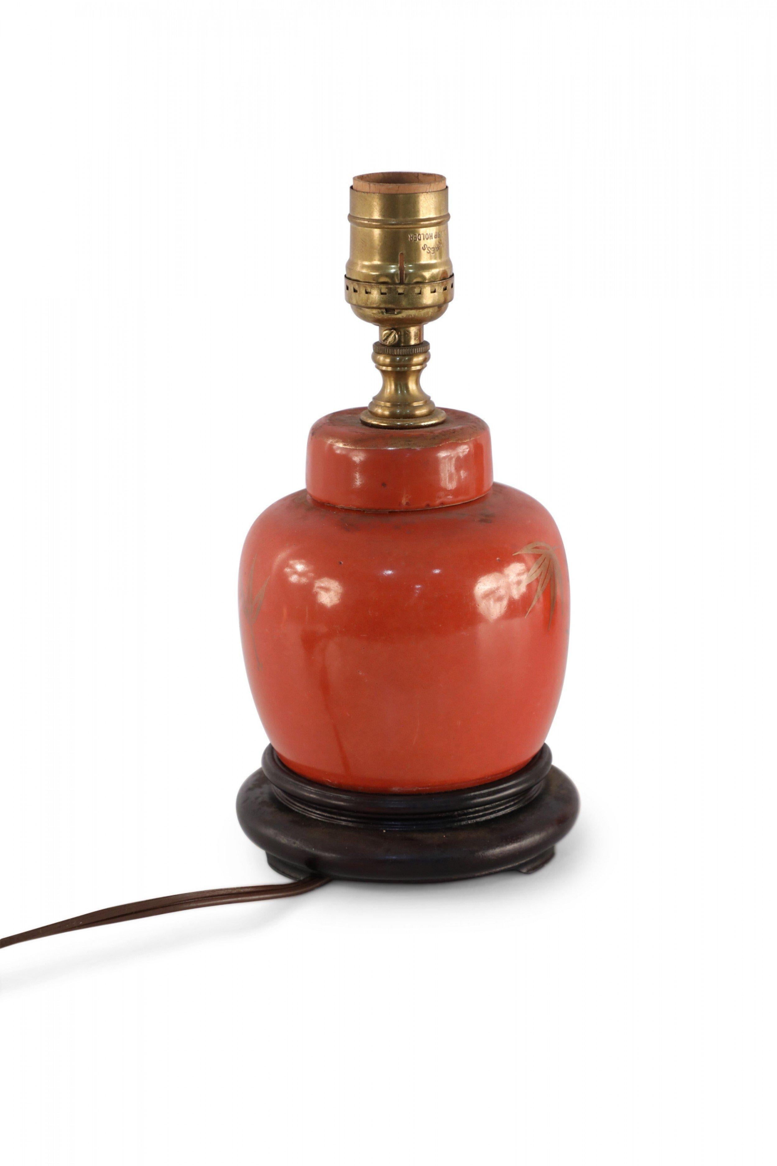 20th Century Antique Chinese Orange and Metallic Bamboo Design Porcelain Table Lamp For Sale