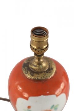 Antique Chinese Orange and White Cartouche Porcelain Table Lamp