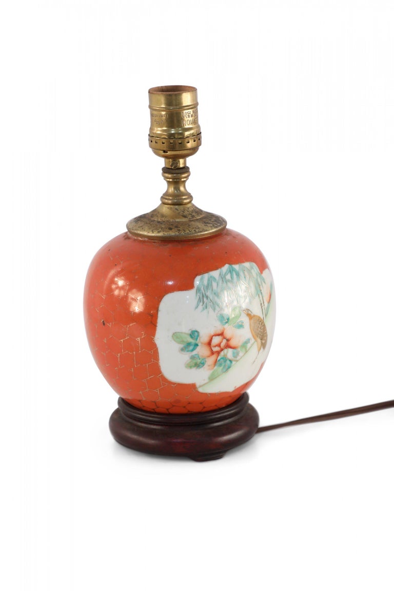 20th Century Antique Chinese Orange and White Cartouche Porcelain Table Lamp For Sale