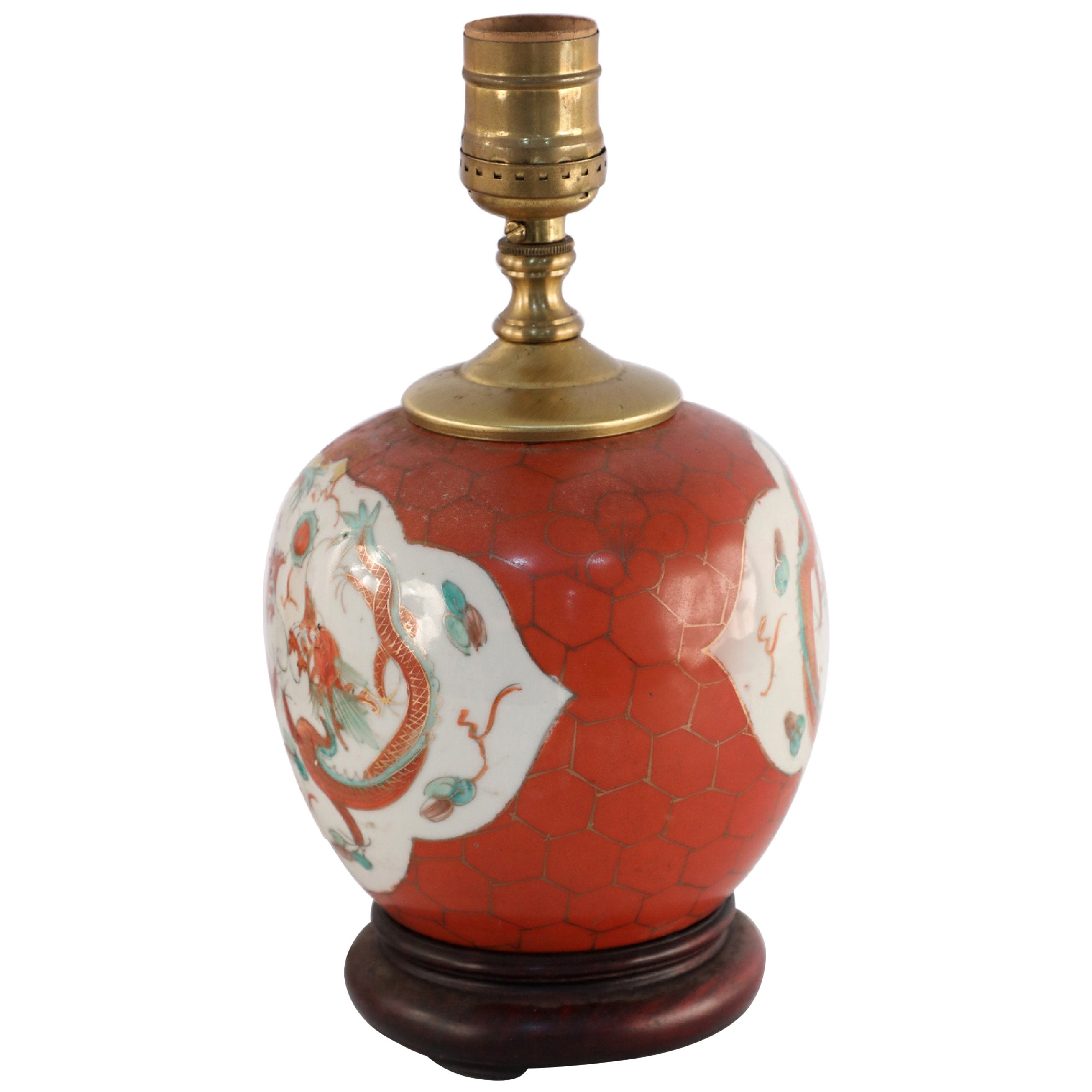 Antique Chinese Orange and White Dragon Motif Porcelain Table Lamp