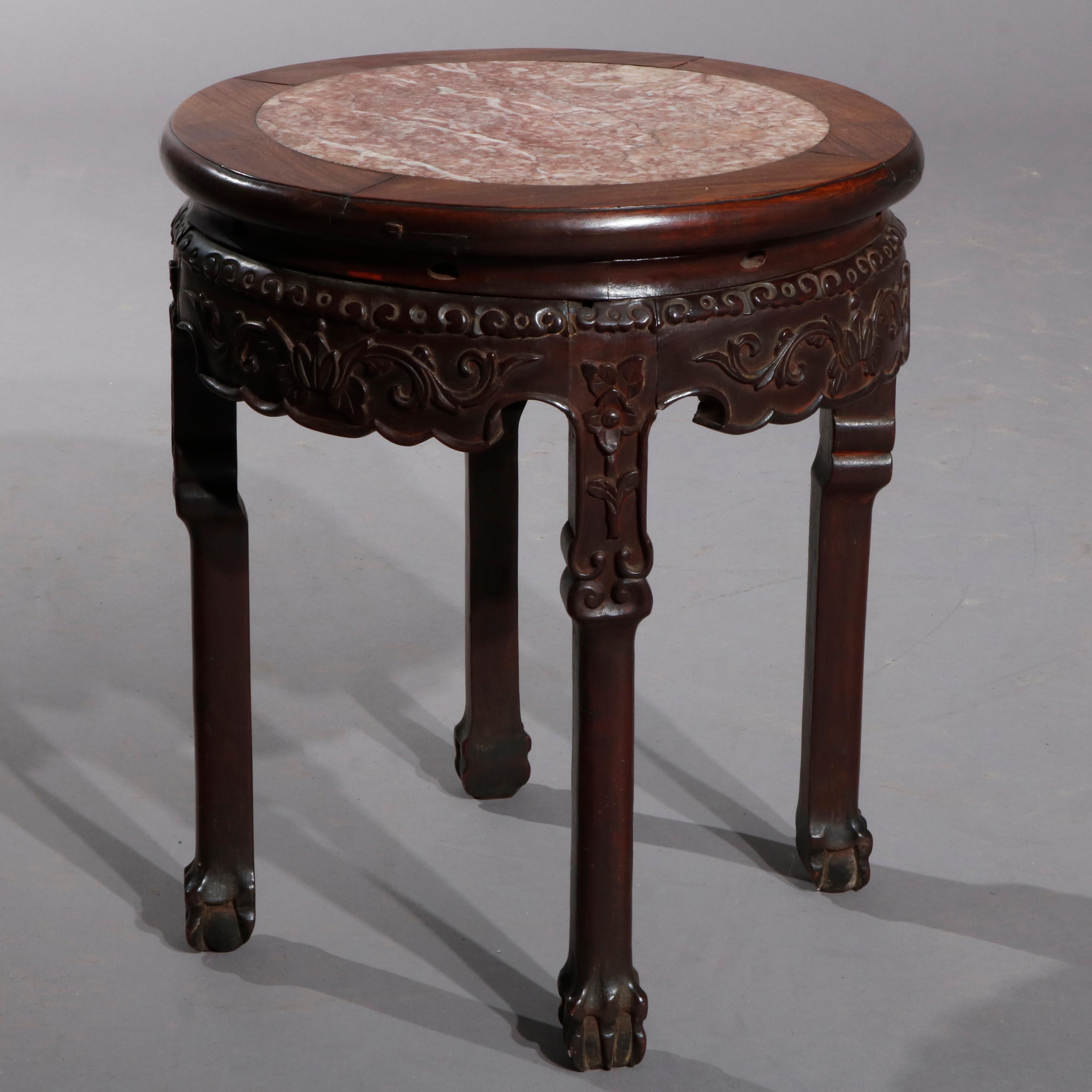 Antique Chinese Oriental Carved Rosewood Marble Top Fern Stand, circa 1900 In Good Condition In Big Flats, NY