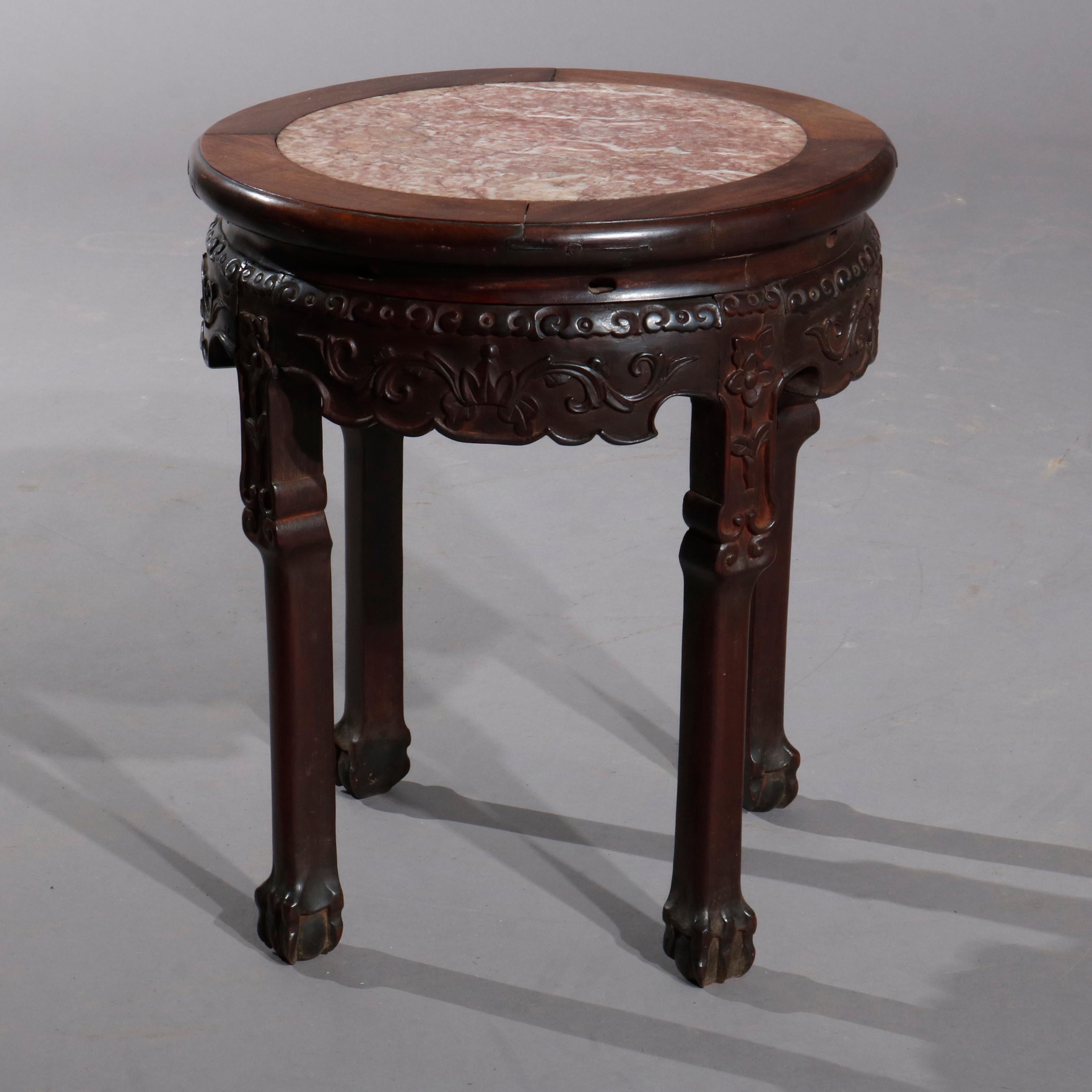 20th Century Antique Chinese Oriental Carved Rosewood Marble Top Fern Stand, circa 1900