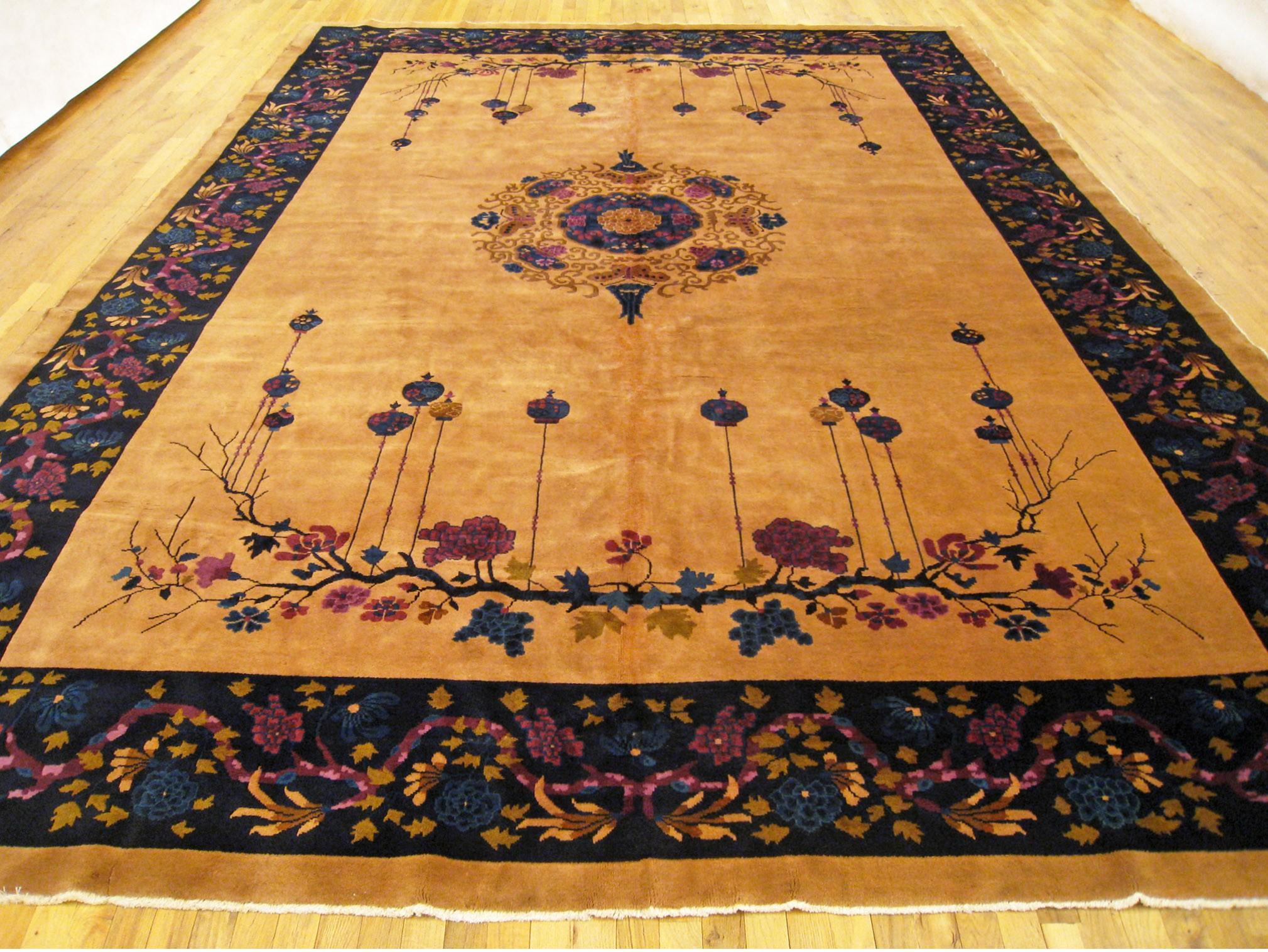 Persian Antique Chinese Oriental Rug, in Room Size, W Chinese Motifs and Flowers For Sale