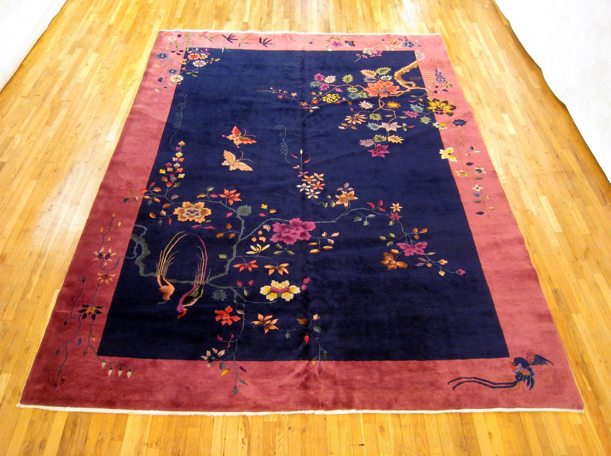 Antique Chinese Art deco rug, Room size, circa 1920

A one-of-a-kind antique Chinese Art deco oriental carpet, hand-knotted with medium thickness wool pile. This beautiful rug features art deco motifs allover a large blue open field, with a