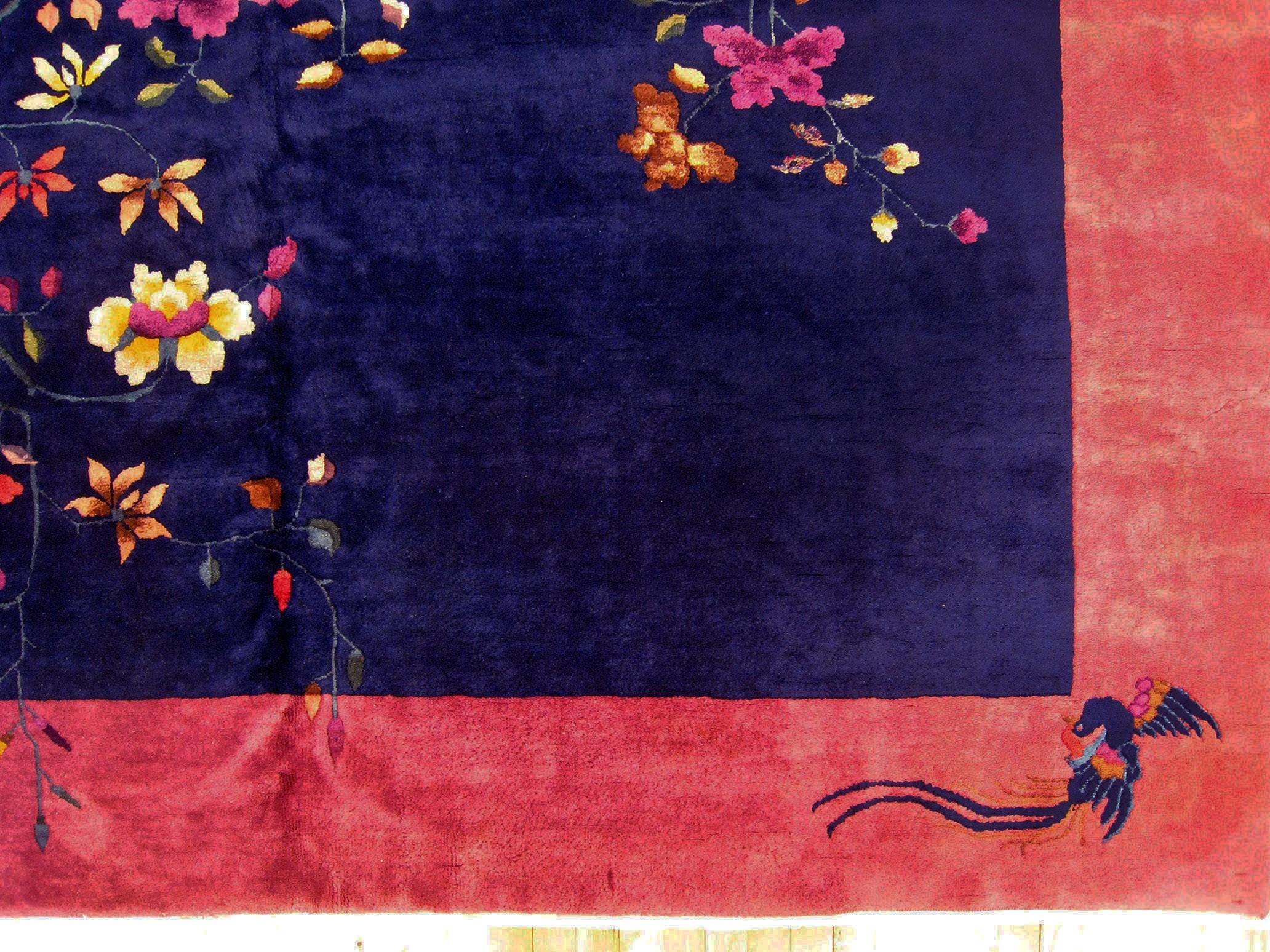 Hand-Knotted Antique Chinese Oriental Rug, in Room Size, W Open Field and Flowers For Sale