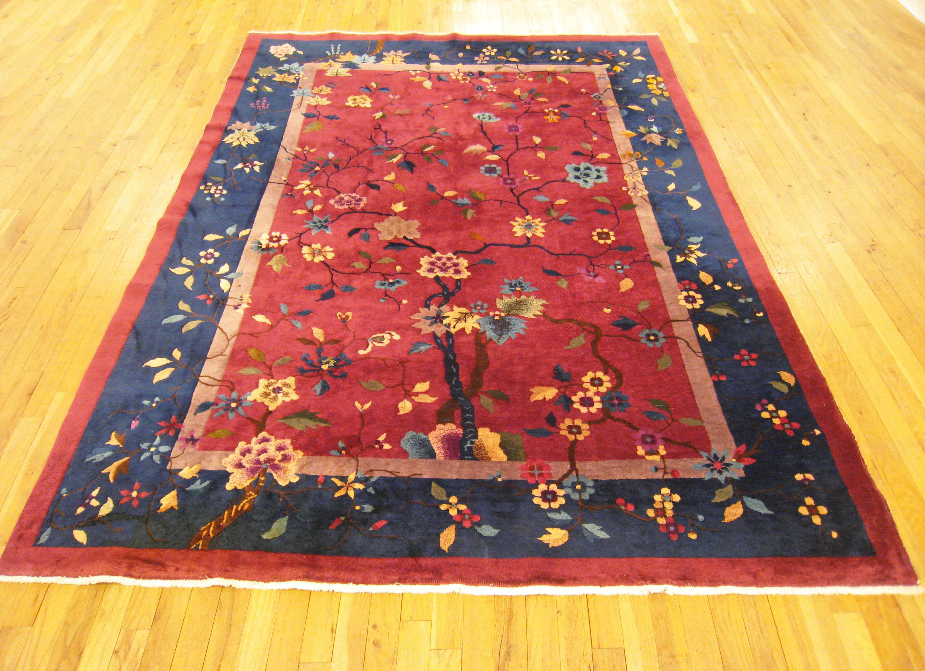 Persian Antique Chinese Oriental Rug, in Room Size, with Flowers and Red and Blue Tones For Sale