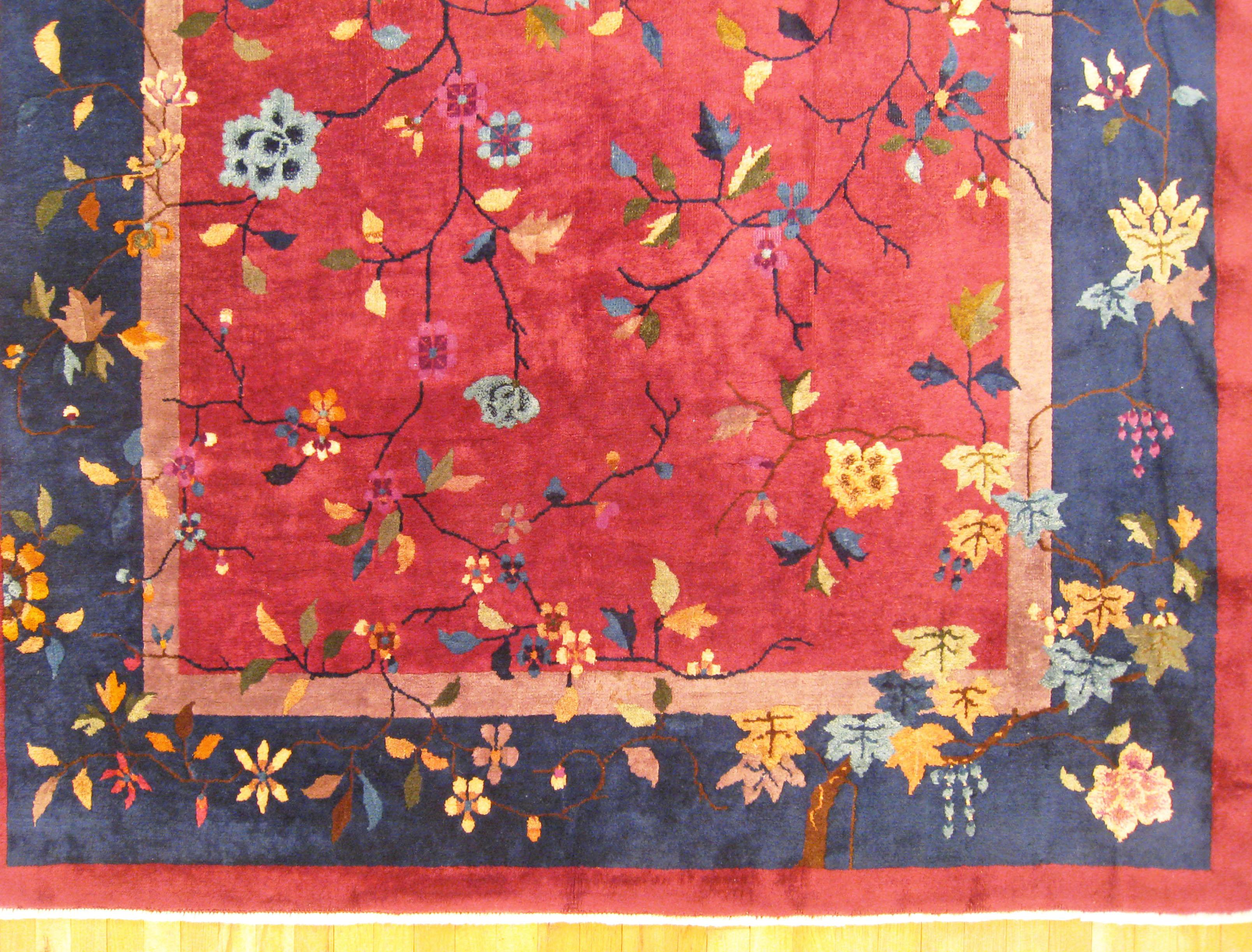 Hand-Knotted Antique Chinese Oriental Rug, in Room Size, with Flowers and Red and Blue Tones For Sale