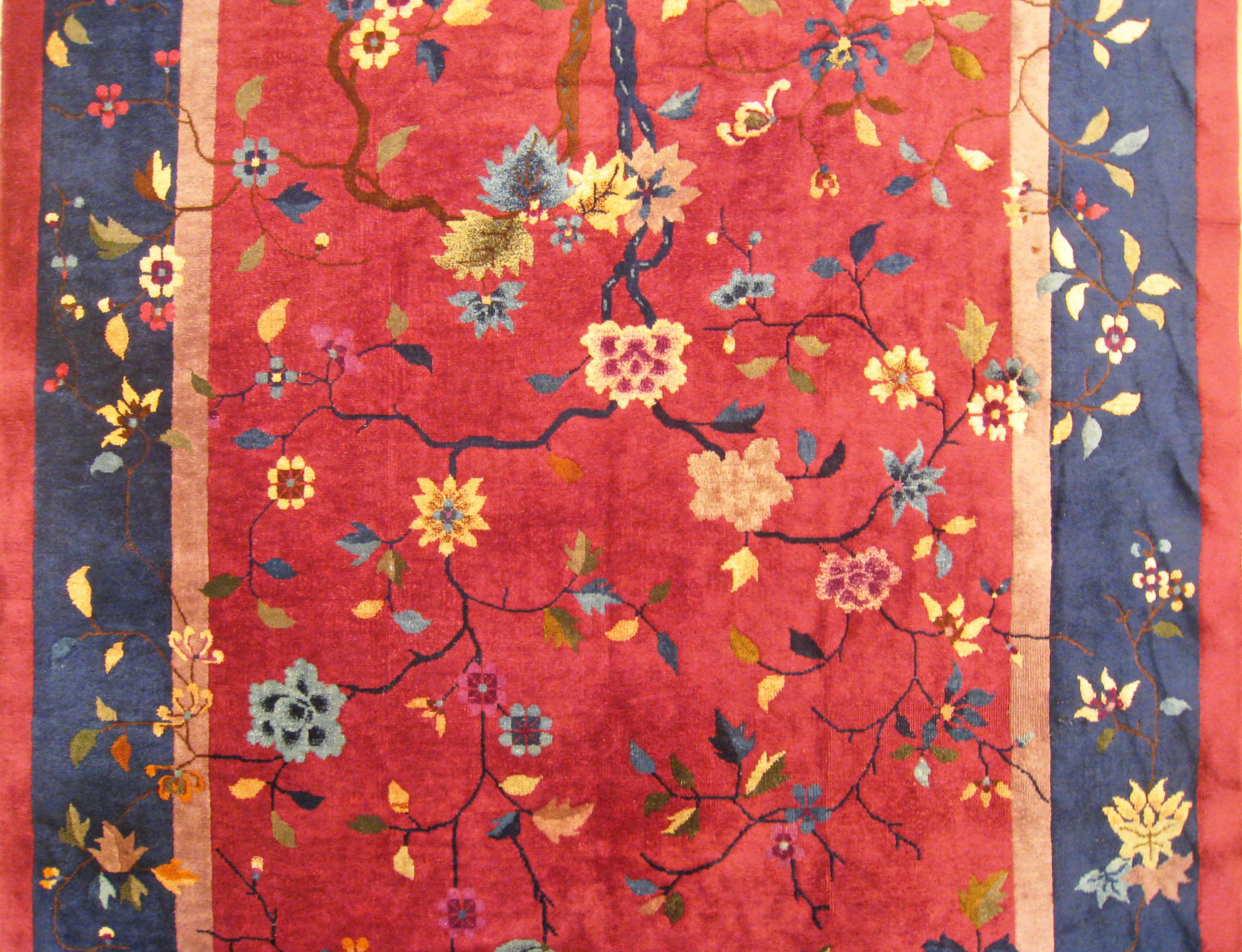 Antique Chinese Oriental Rug, in Room Size, with Flowers and Red and Blue Tones In Good Condition For Sale In New York, NY