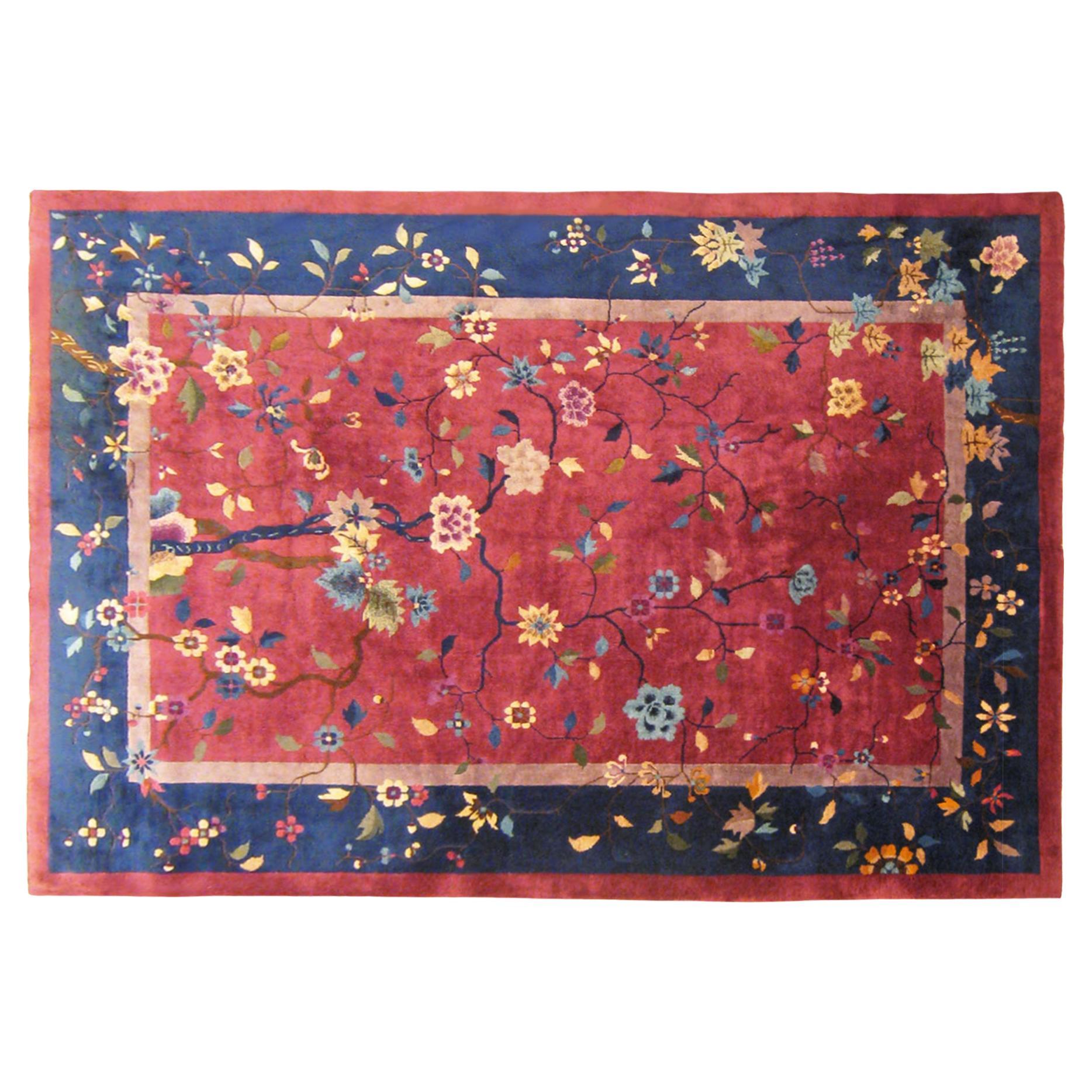 Antique Chinese Oriental Rug, in Room Size, with Flowers and Red and Blue Tones For Sale