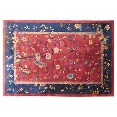 Tapis oriental chinois ancien, de taille normale, avec fleurs et tons rouges et bleus