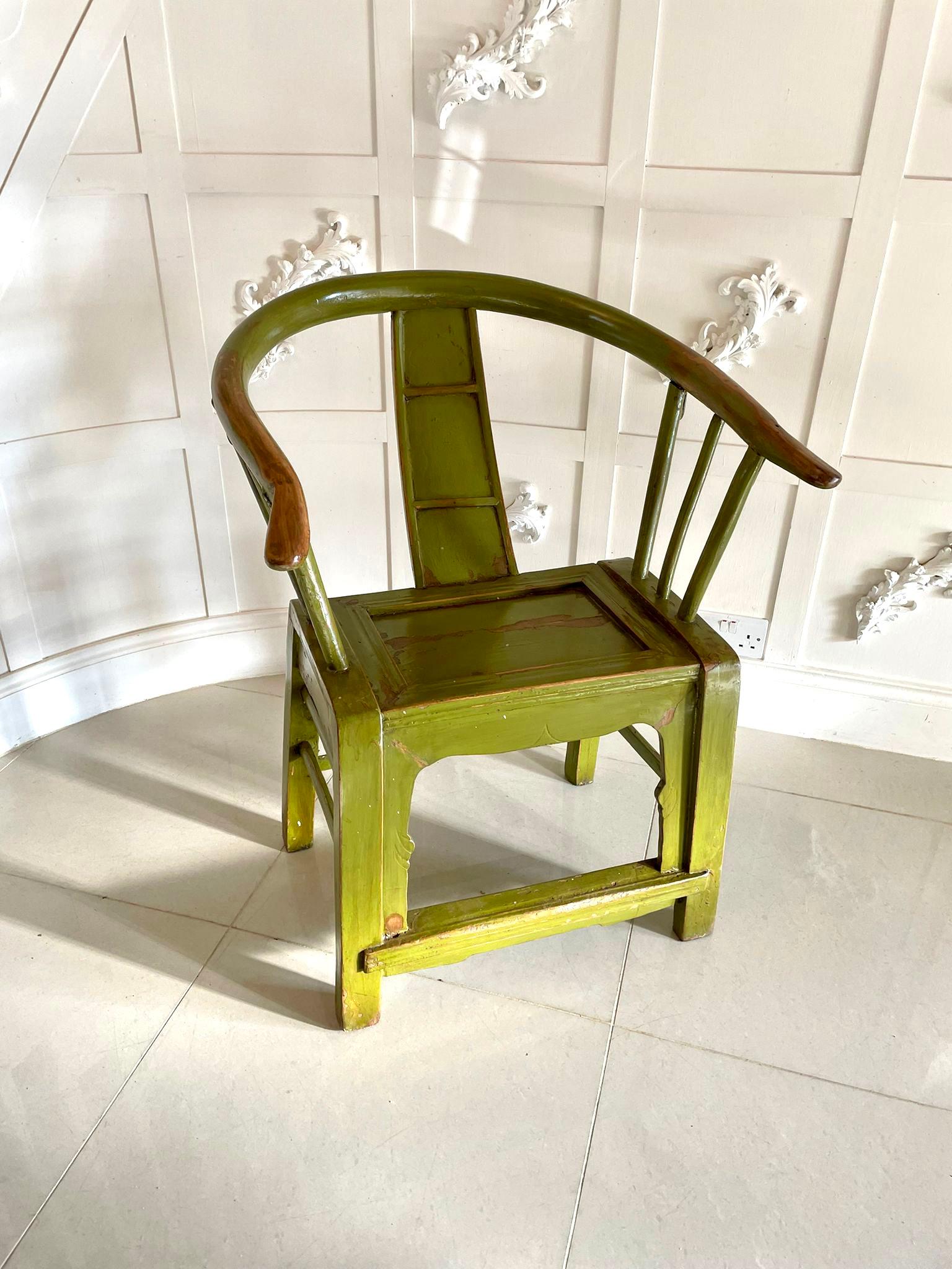 Antique Chinese original quality painted armchair having a quality painted shaped back and open arms supported by a shaped splat and turned supports, rectangular shaped panelled seat, shaped frieze and standing on square legs united by square and