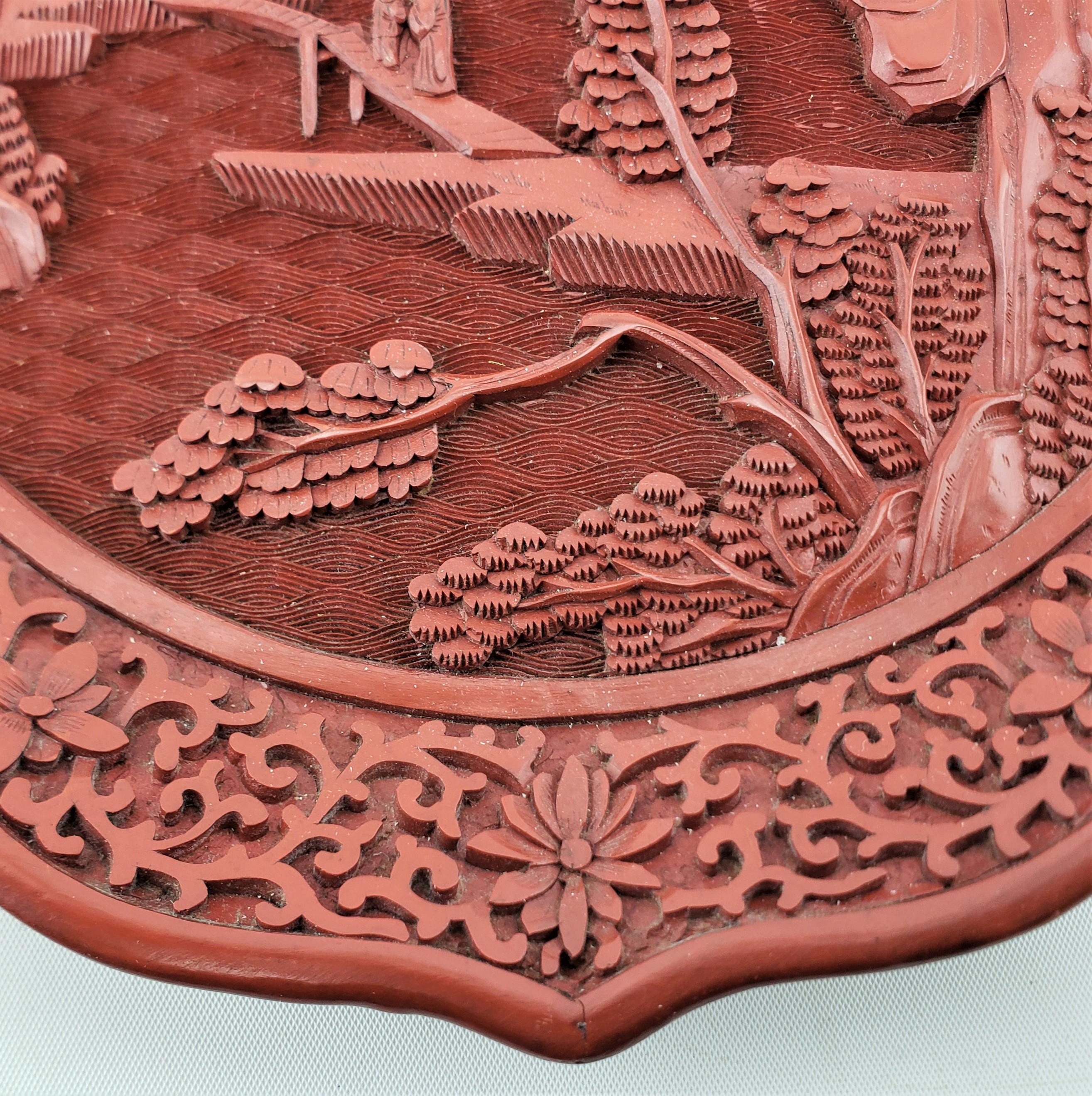 Antique Chinese Ornately Carved Cinnabar Plate with Landscape Scene & Wood Stand For Sale 3