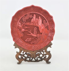 Antique Chinese Ornately Carved Cinnabar Plate with Landscape Scene & Wood Stand