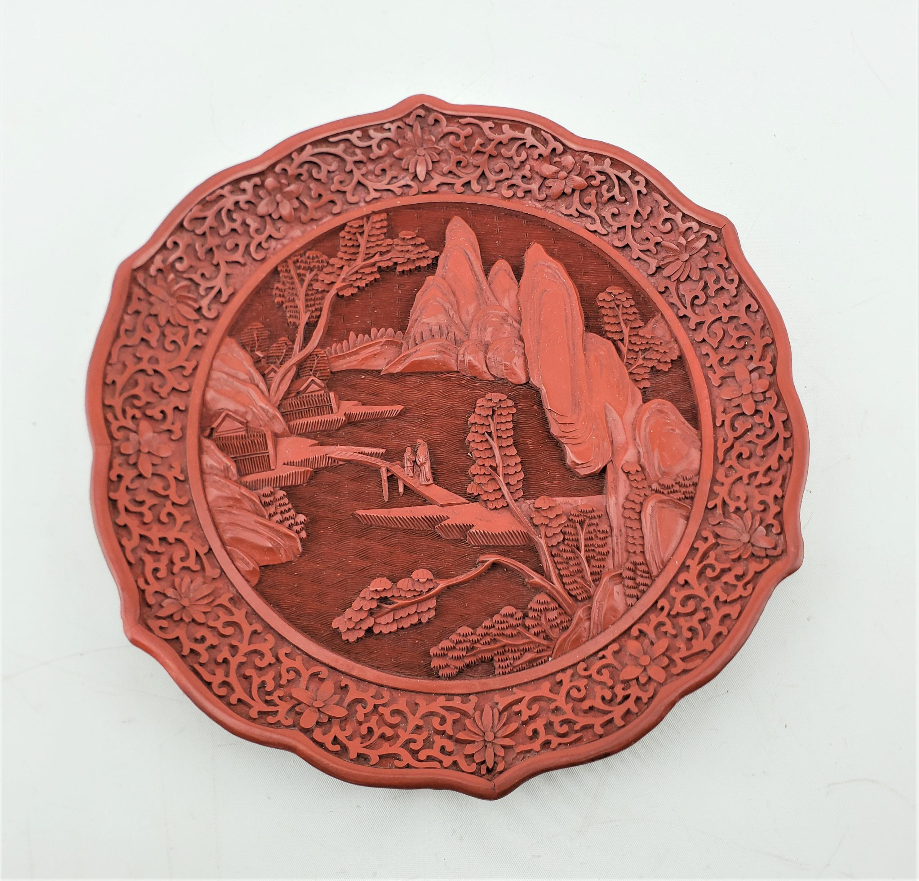 Antique Chinese Ornately Carved Cinnabar Plate with Landscape Scene & Wood Stand In Good Condition For Sale In Hamilton, Ontario