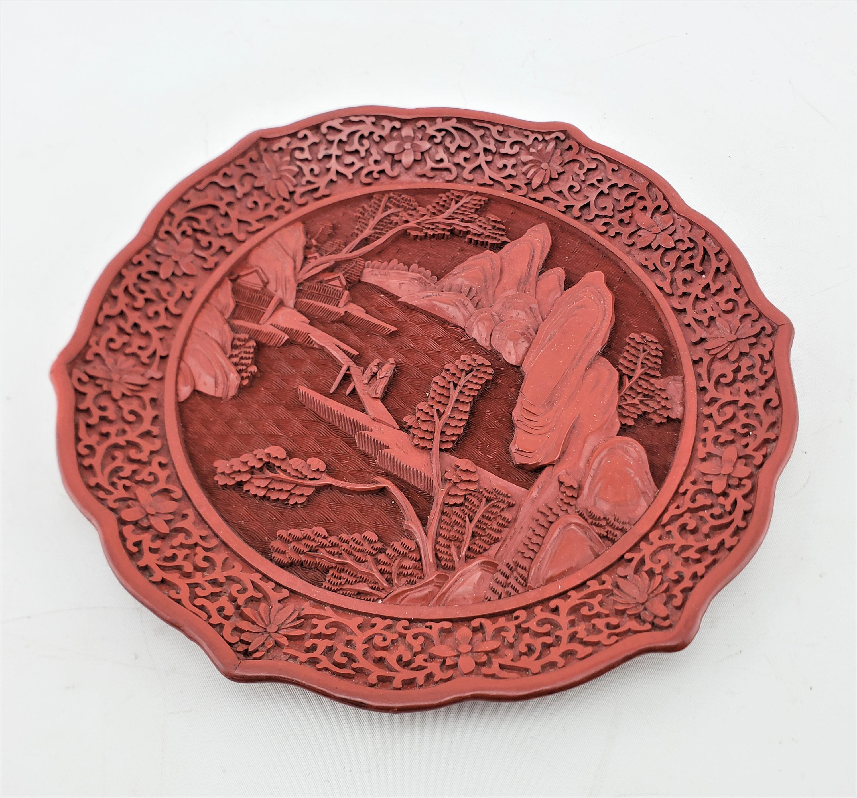 20th Century Antique Chinese Ornately Carved Cinnabar Plate with Landscape Scene & Wood Stand For Sale