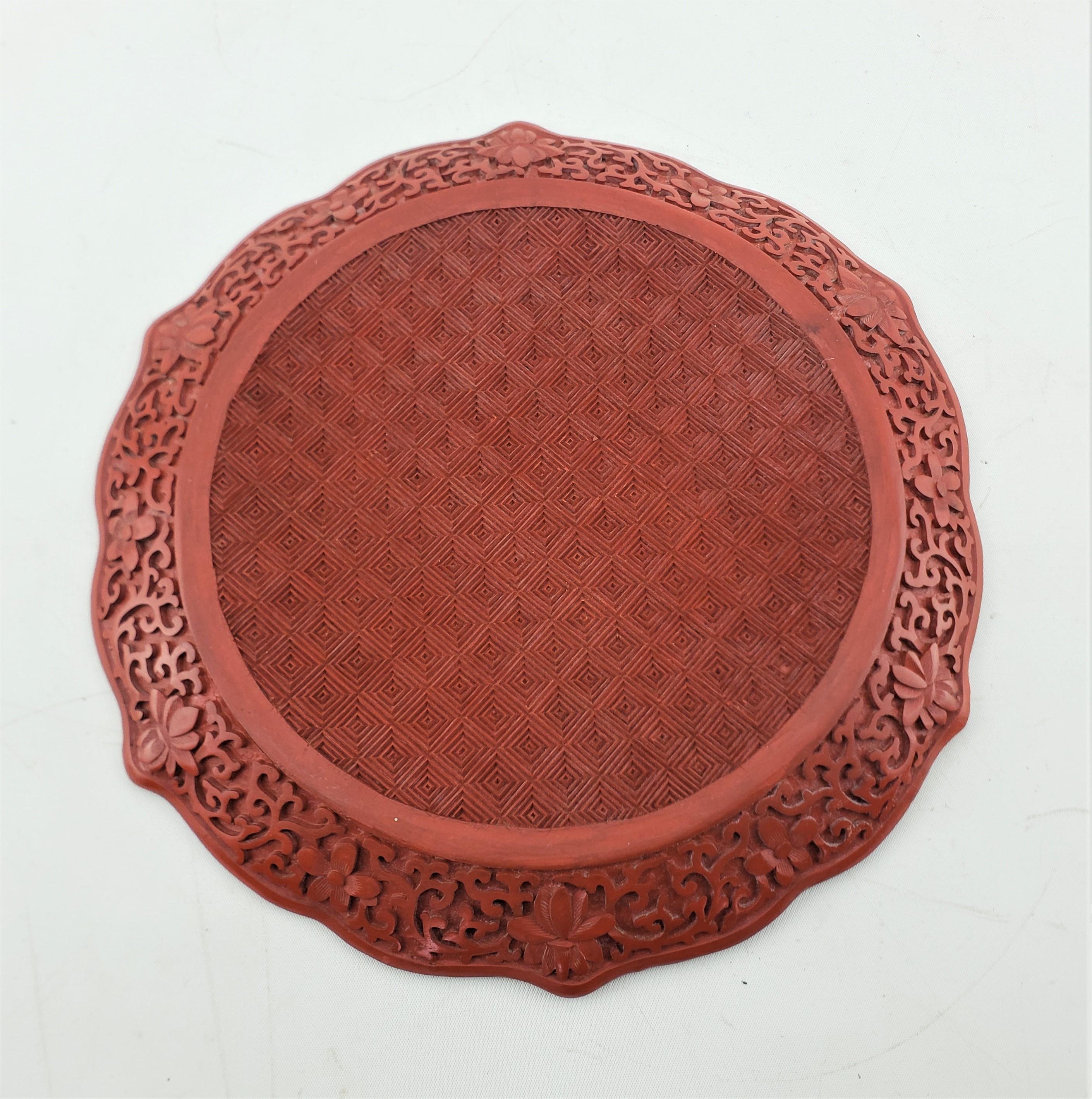 Softwood Antique Chinese Ornately Carved Cinnabar Plate with Landscape Scene & Wood Stand For Sale